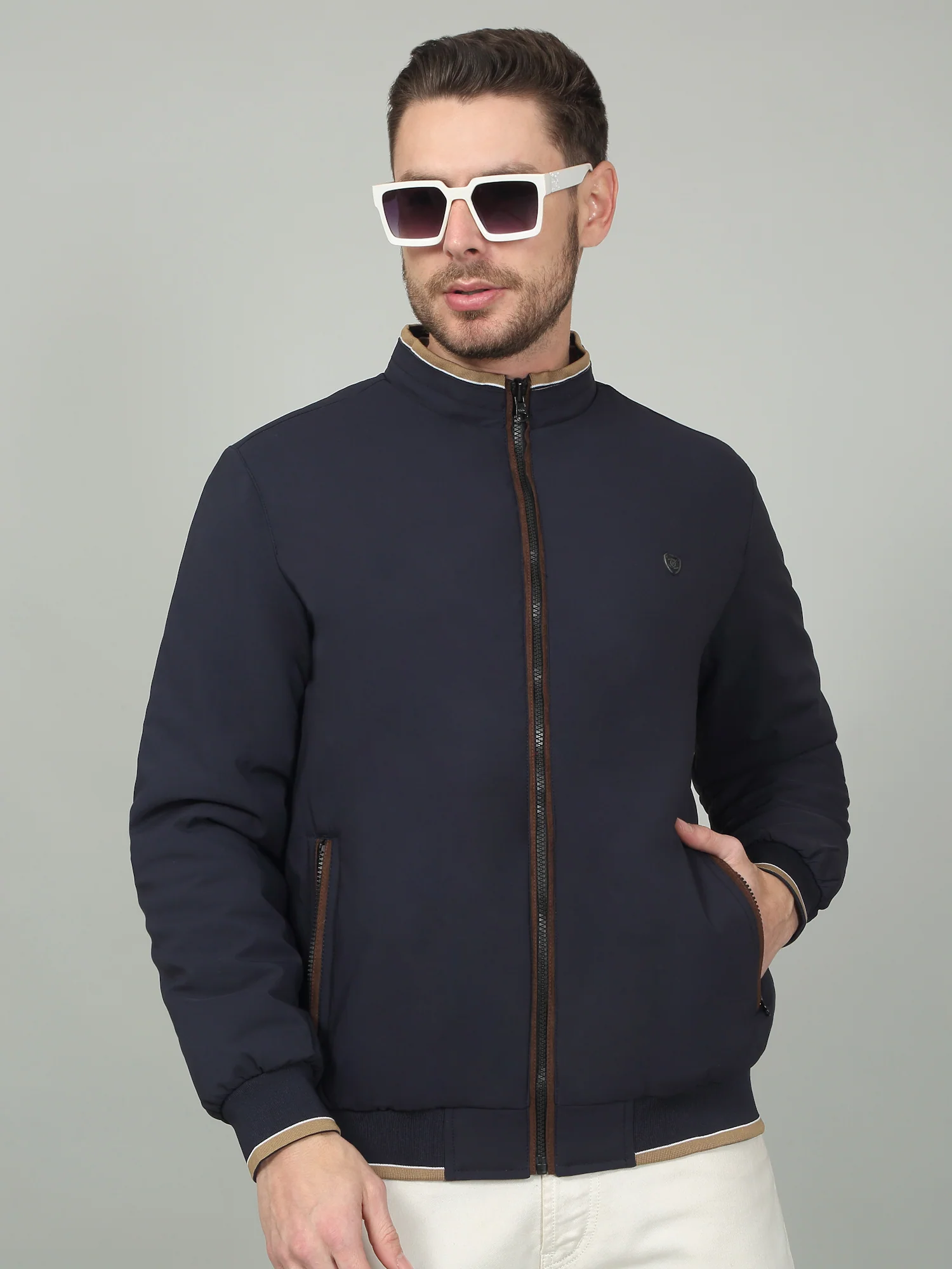 Men's Solid Navy Mock Neck Reversible Jacket - Image 4