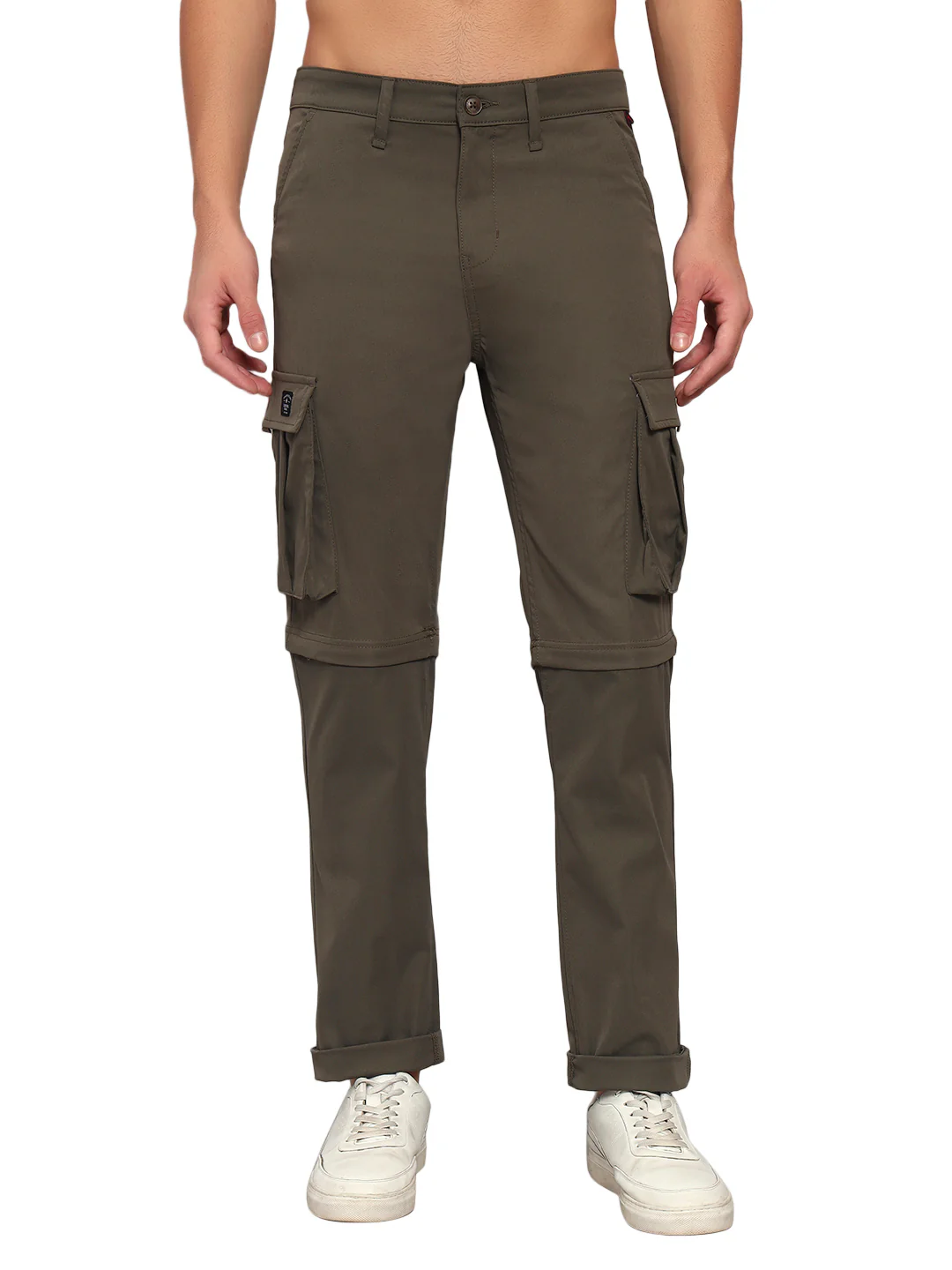 Men's Solid Olive Green Regular Fit Casual Cargo - Image 3
