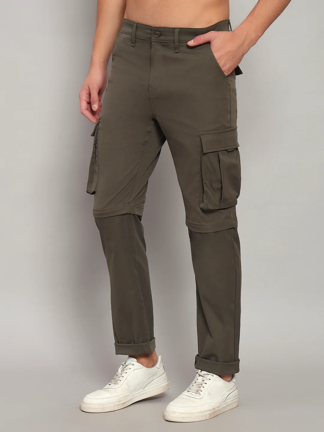 Men's Solid Olive Green Regular Fit Casual Cargo - Image 5