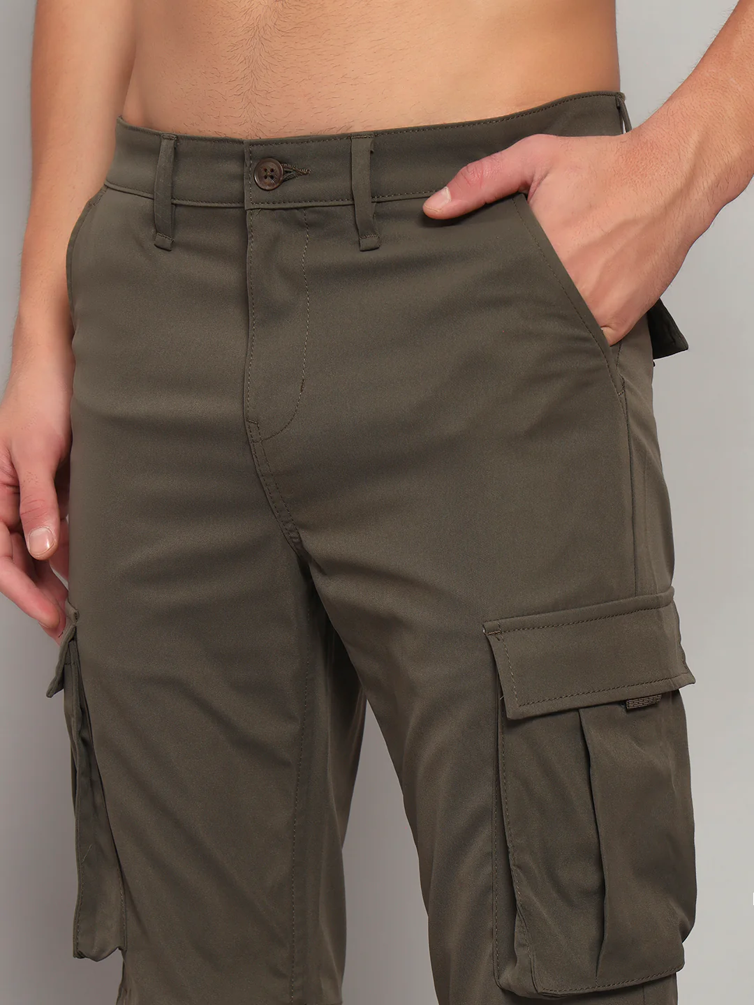 Men's Solid Olive Green Regular Fit Casual Cargo - Image 7