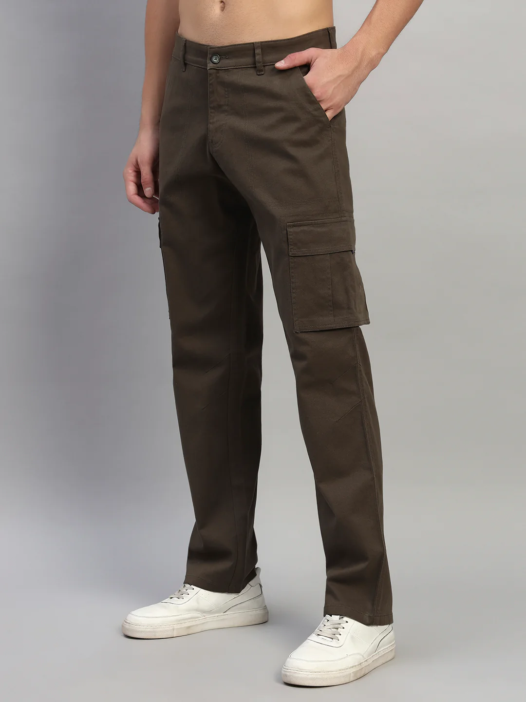Men's Solid Olive Green Regular Fit Casual Cargo - Image 5