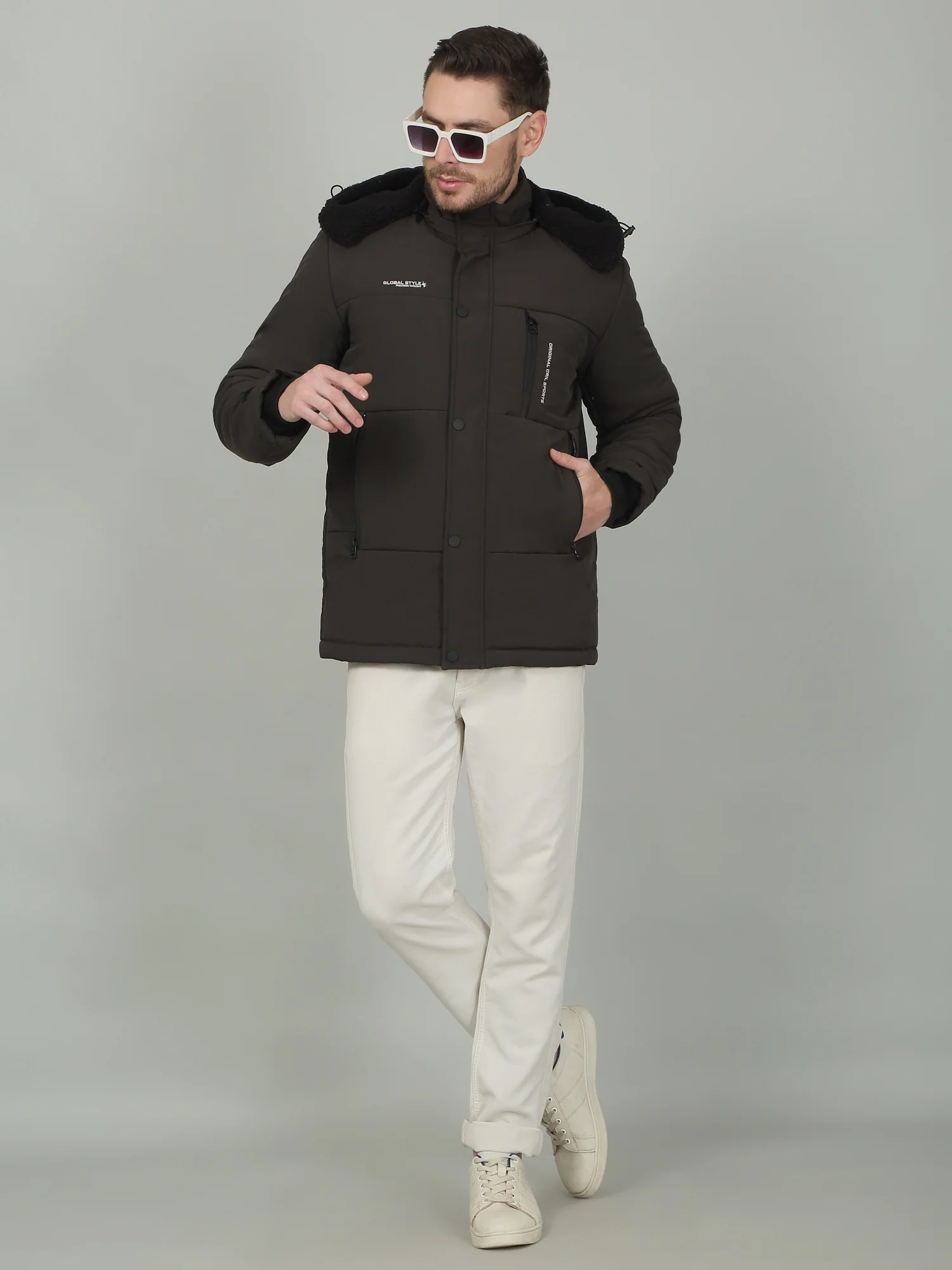 Men's Solid Olive Hooded Neck Jacket - Image 2