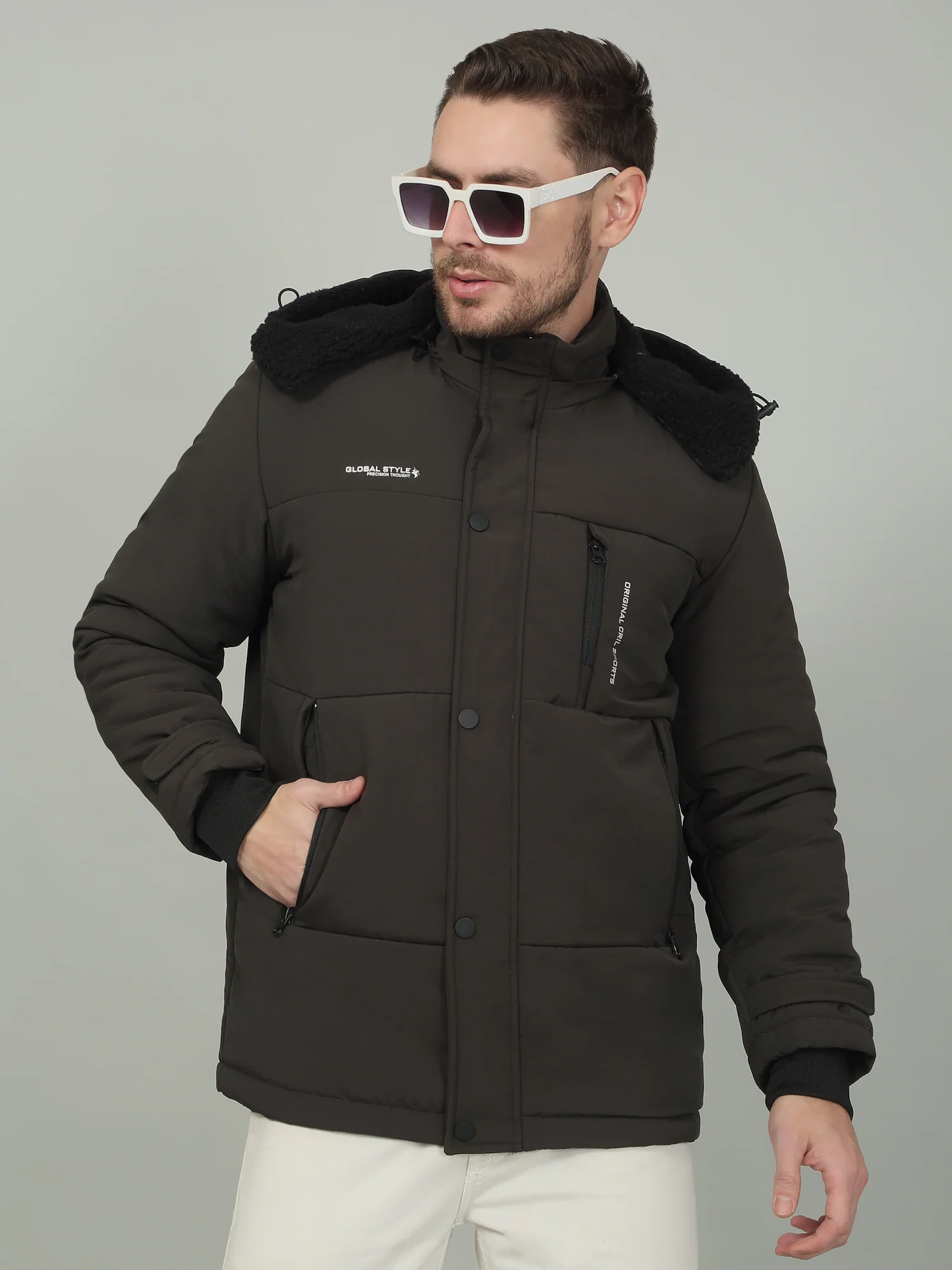 Men's Solid Olive Hooded Neck Jacket - Image 3