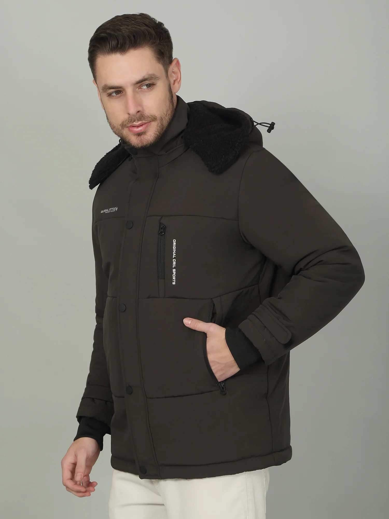 Men's Solid Olive Hooded Neck Jacket - Image 4