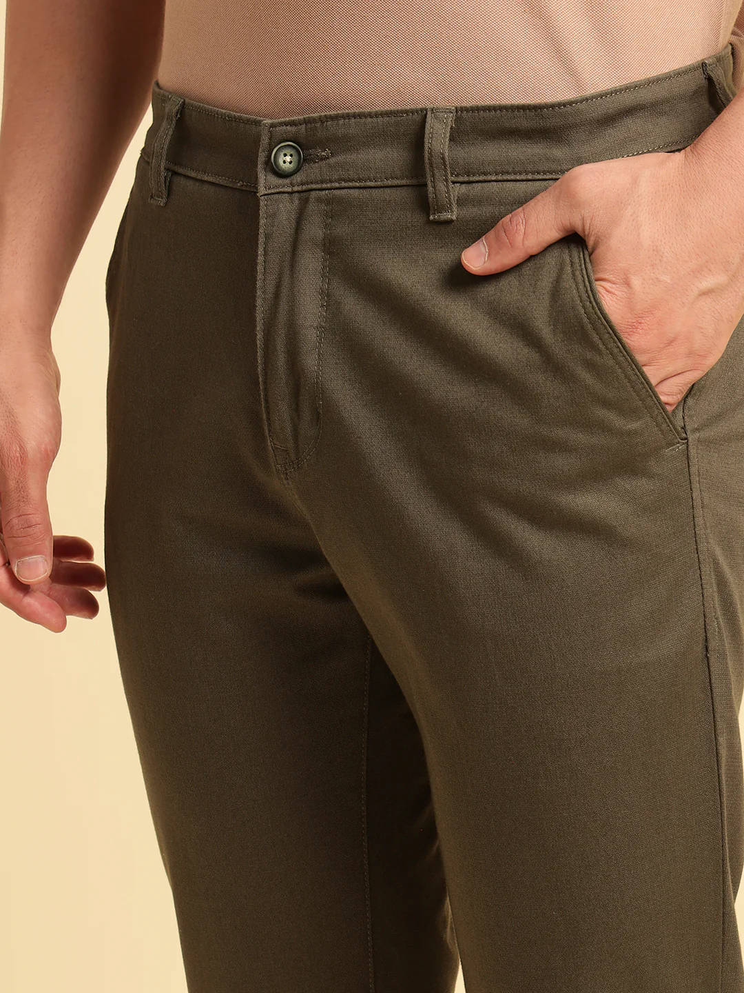 Casual Trouser for Men | Breathable & Soft with Color Fastness Regular Fit Cotton Blend Fabric Solid Pattern Button Closure - Image 8