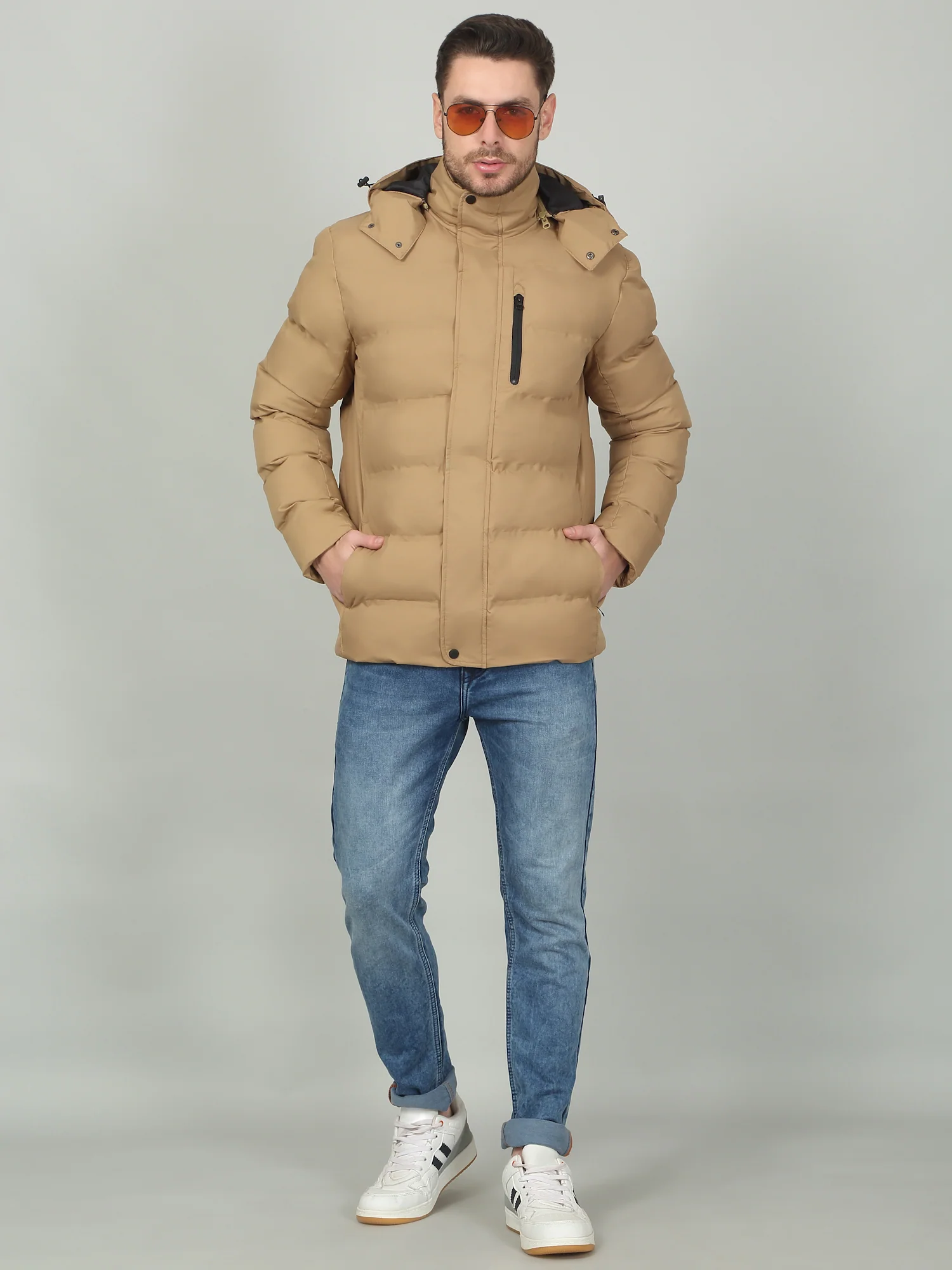 Men's Solid Sand Hooded Neck Jacket - Image 2