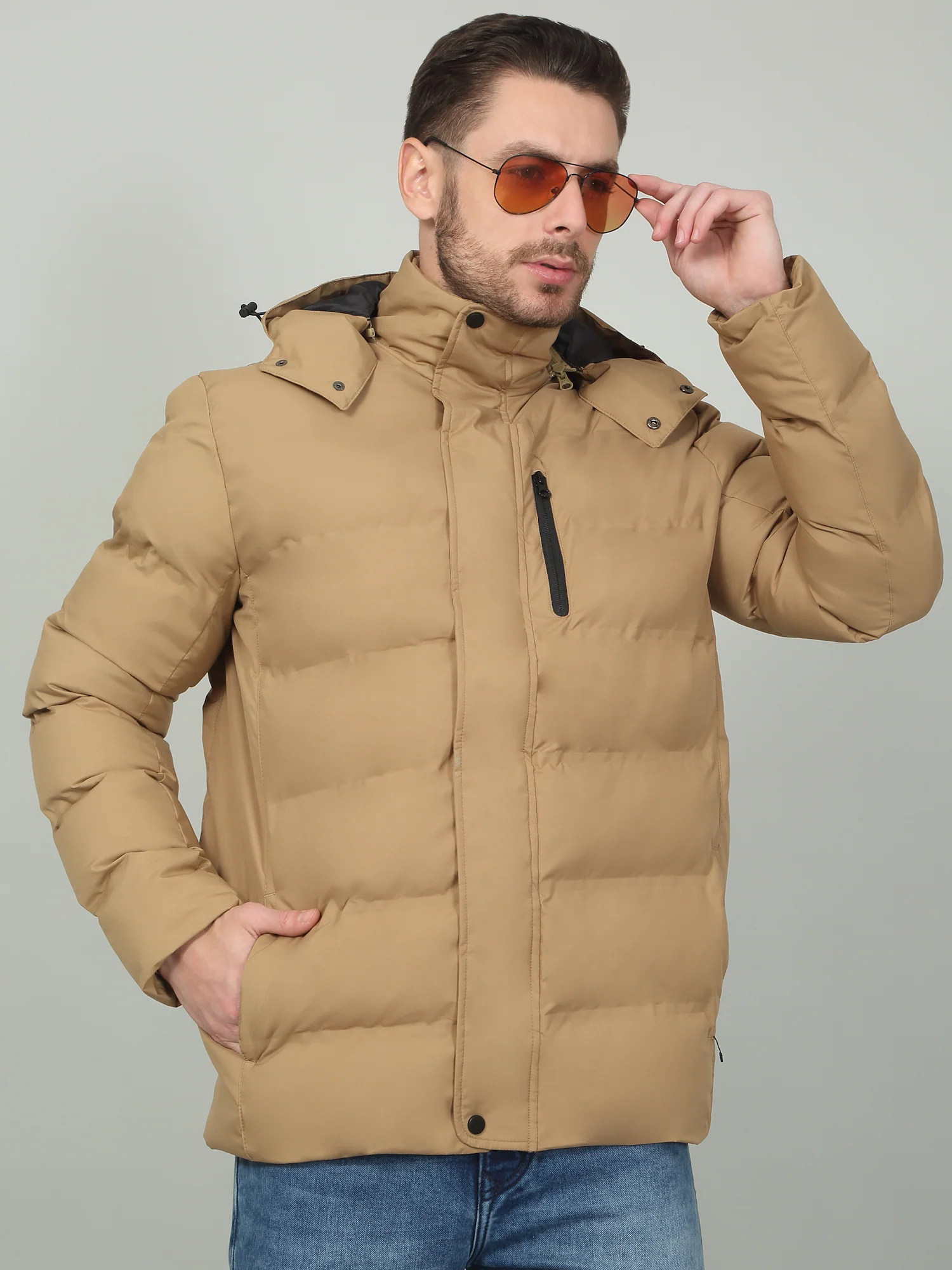 Men's Solid Sand Hooded Neck Jacket - Image 3