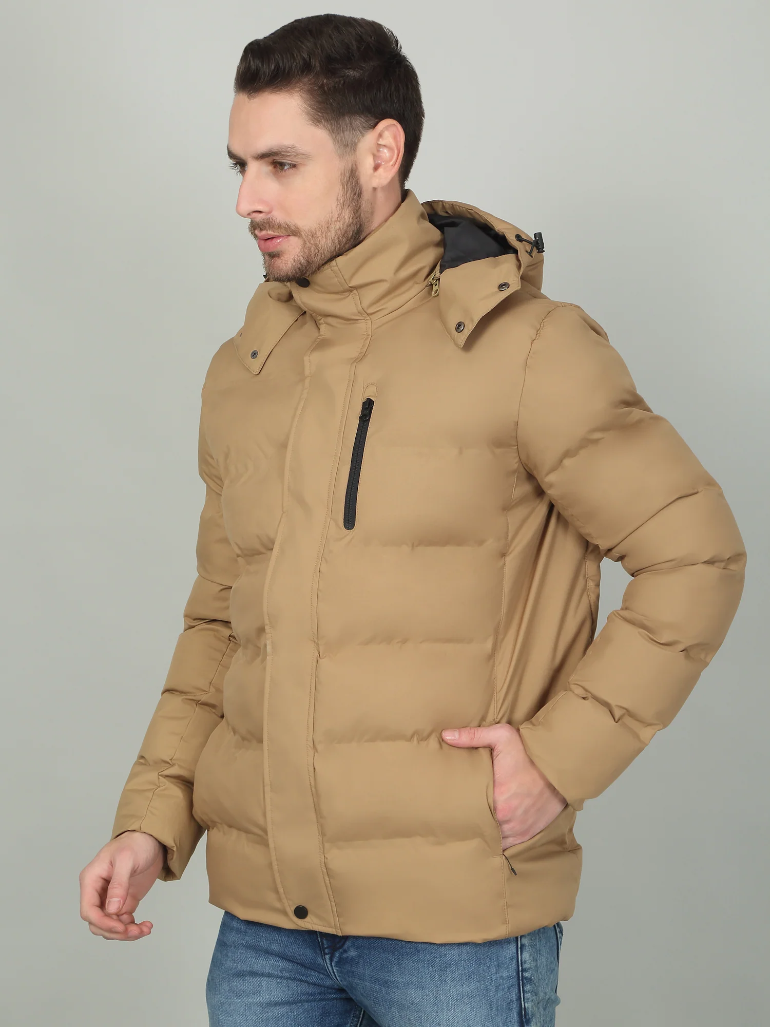 Men's Solid Sand Hooded Neck Jacket - Image 4