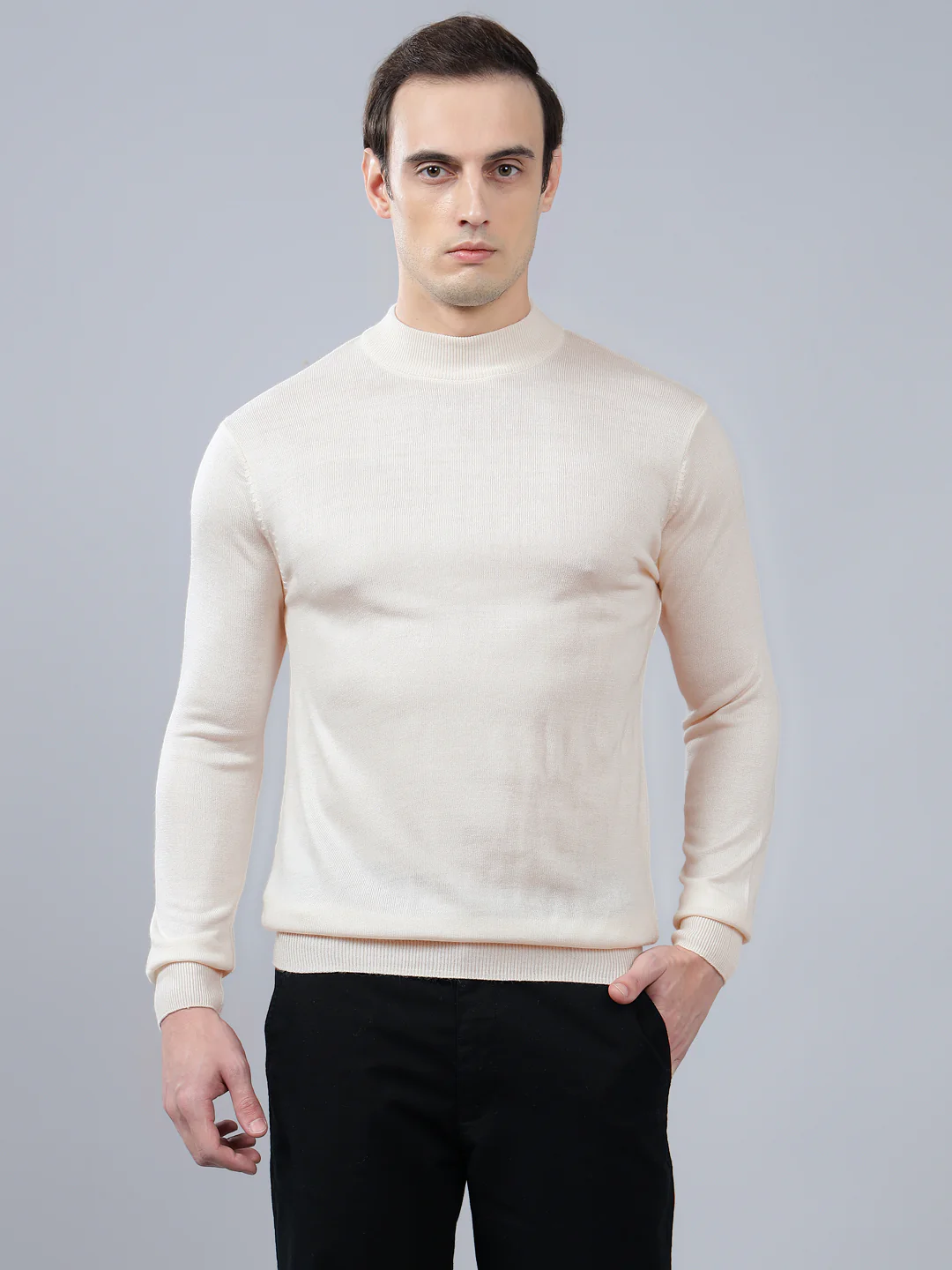Men's Solid White Full Sleeve Sweater - Image 3