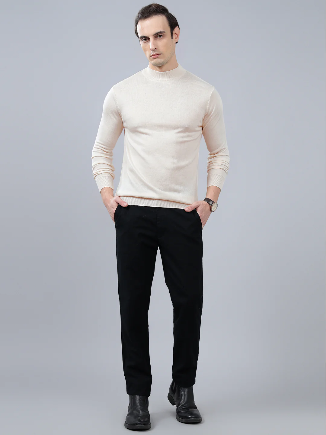 Men's Solid White Full Sleeve Sweater - Image 4