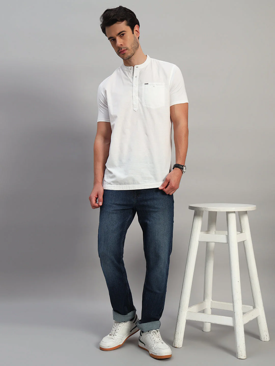 Men's Solid White Mandarin Collar Half Sleeve Kurta - Image 5