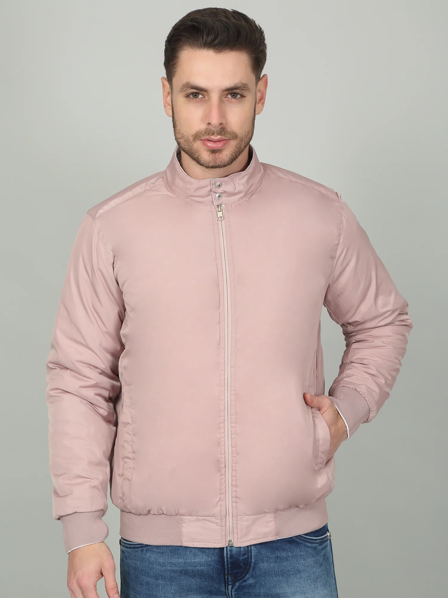 Men's Solid White Mock Neck Reversible Jacket - Image 2