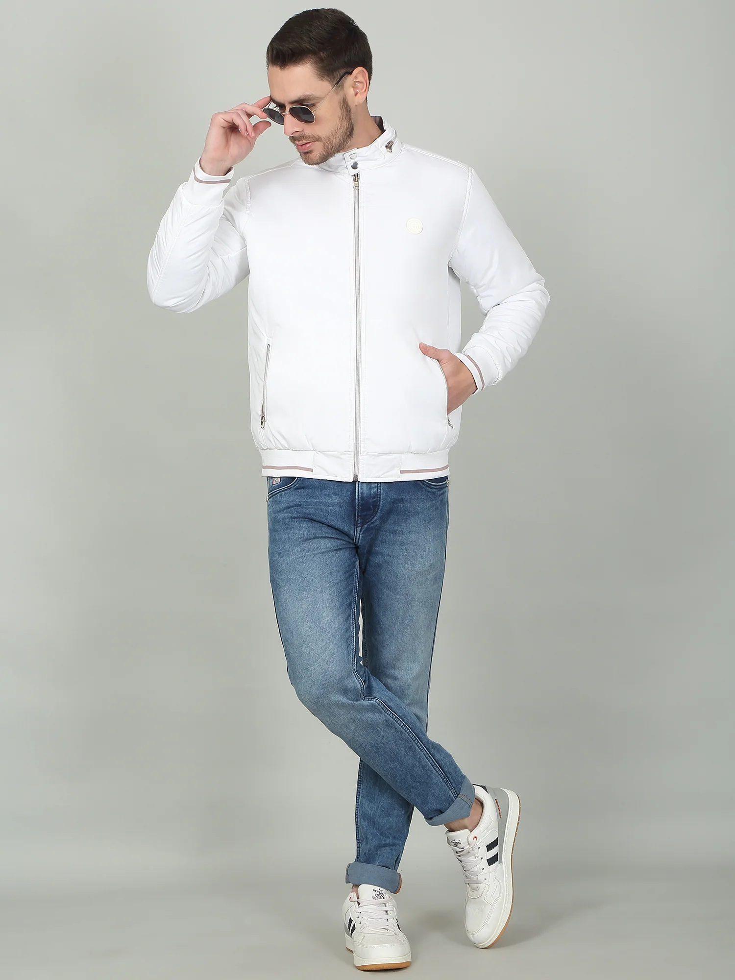 Men's Solid White Mock Neck Reversible Jacket - Image 3