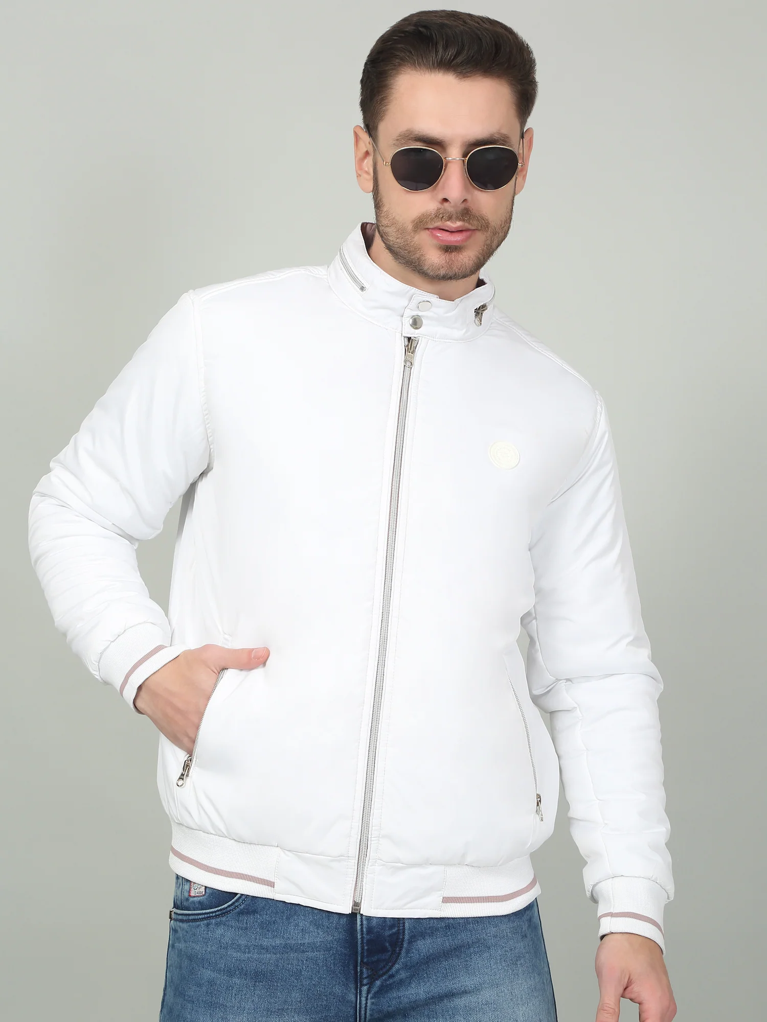 Men's Solid White Mock Neck Reversible Jacket - Image 4