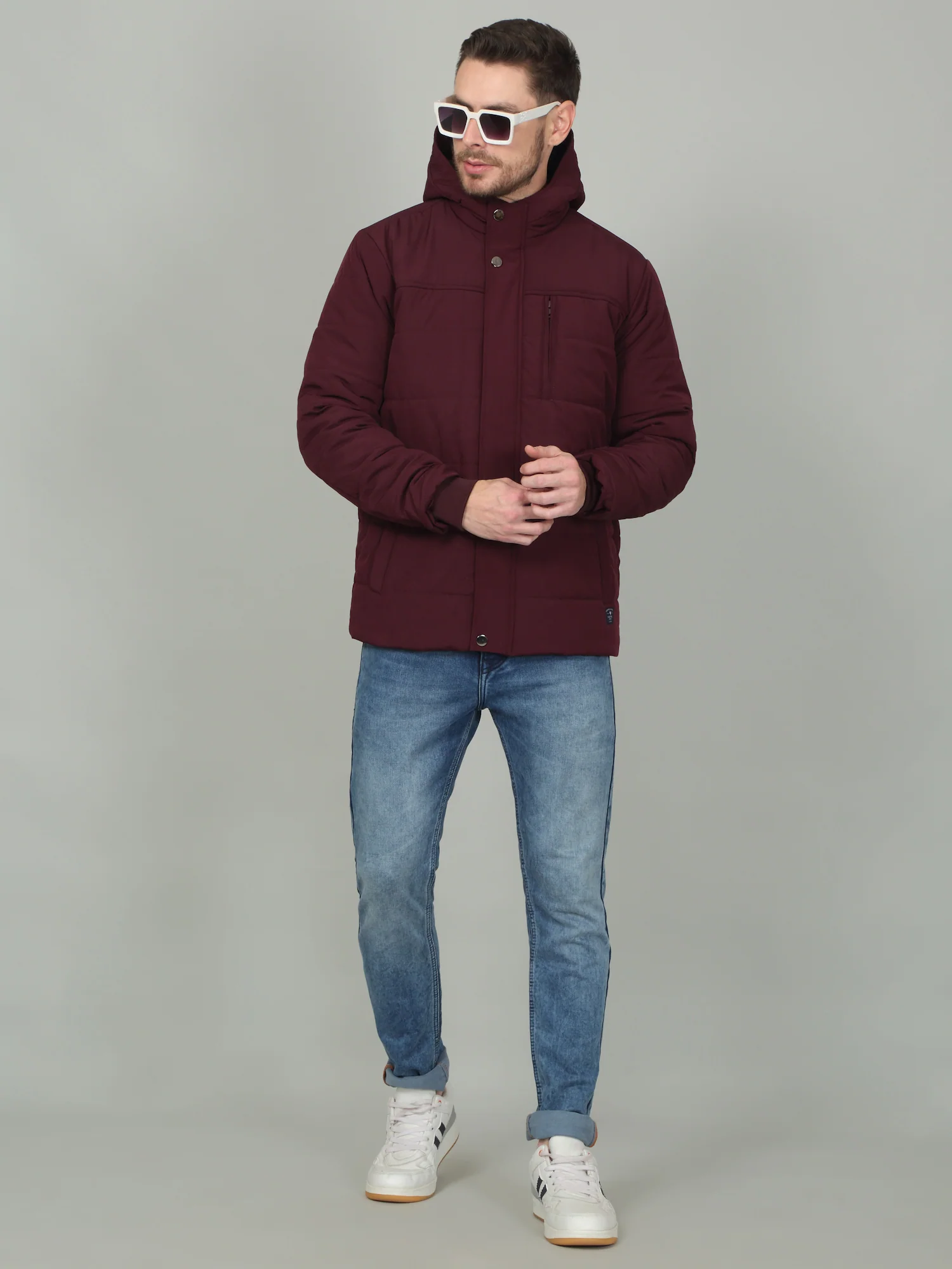 Men's Solid Wine Hooded Neck Jacket - Image 2