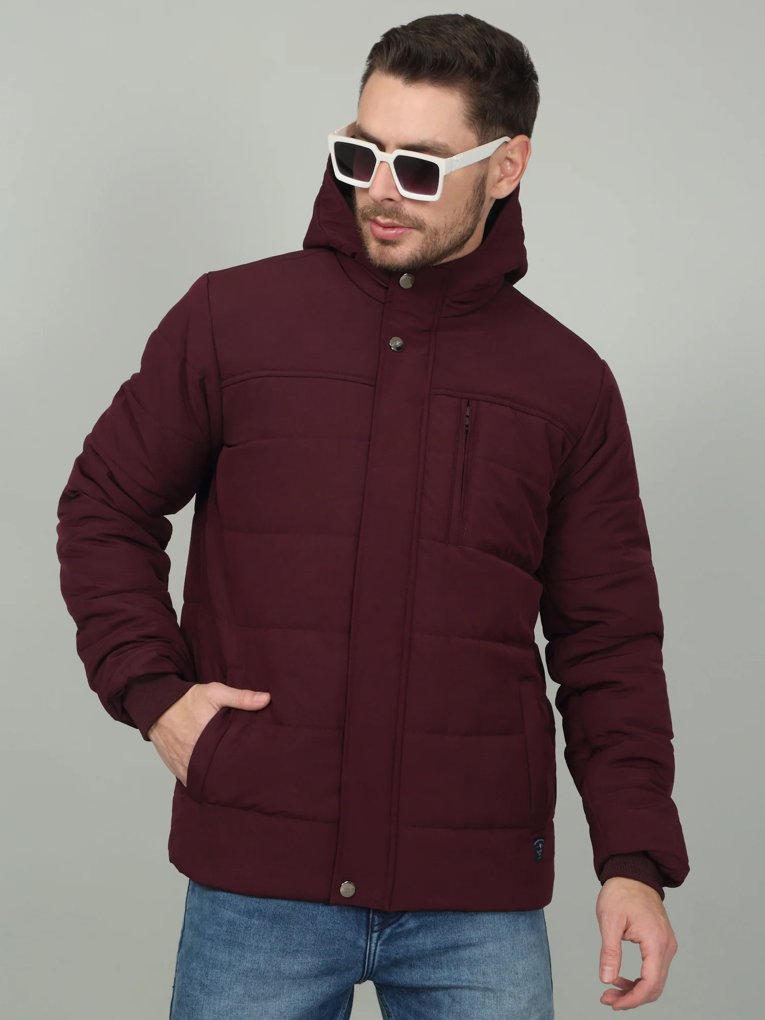 Men's Solid Wine Hooded Neck Jacket - Image 3