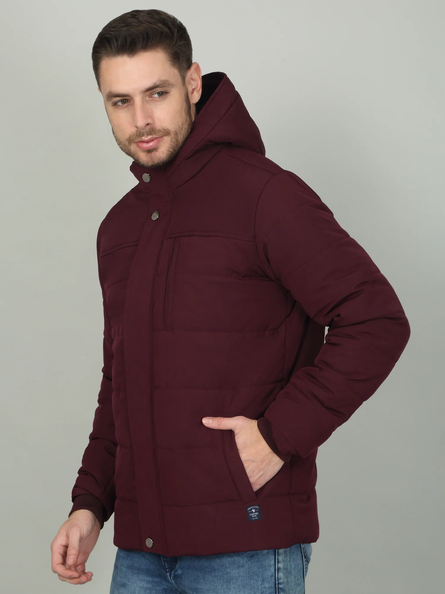 Men's Solid Wine Hooded Neck Jacket - Image 4