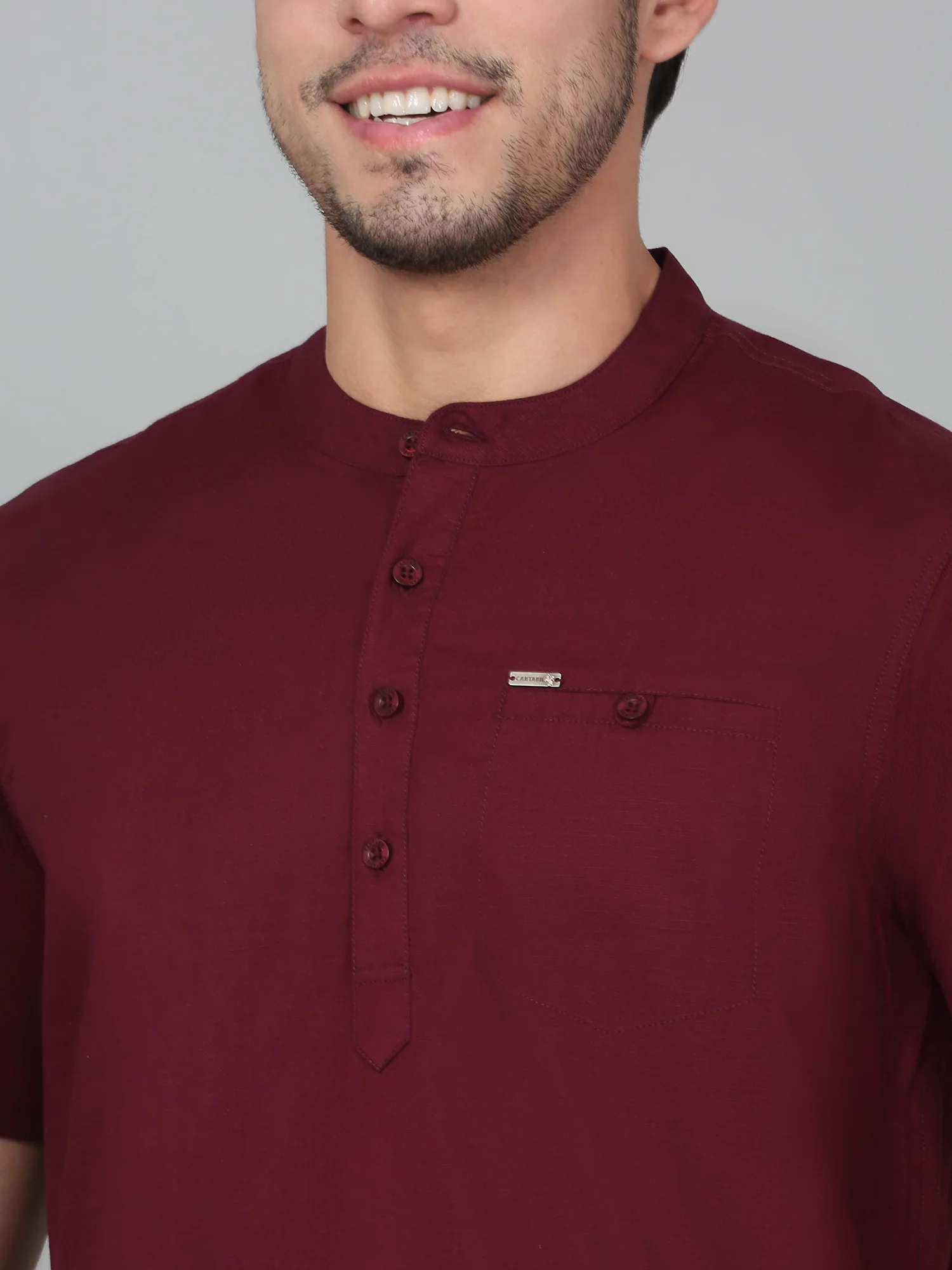 Men's Solid Wine Mandarin Collar Regular Fit Half Sleeves Kurta - Image 4