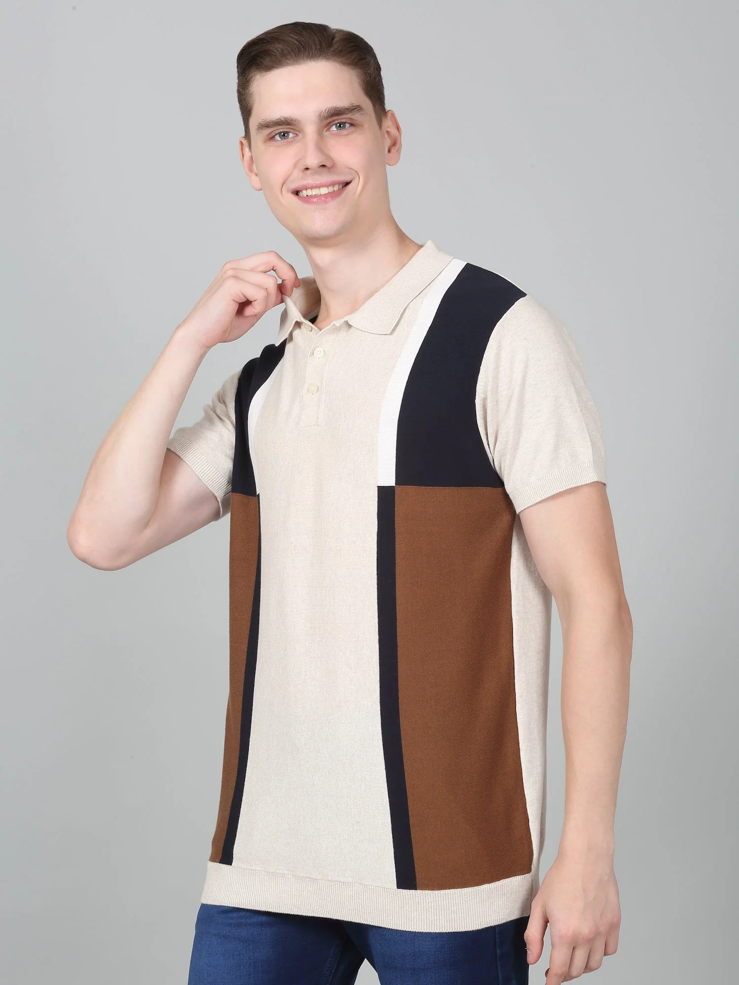 T-Shirt for Men | Breathable & Soft with Color Fastness Regular Fit Polo Neck Cotton Blend Fabric Striped Pattern - Image 2