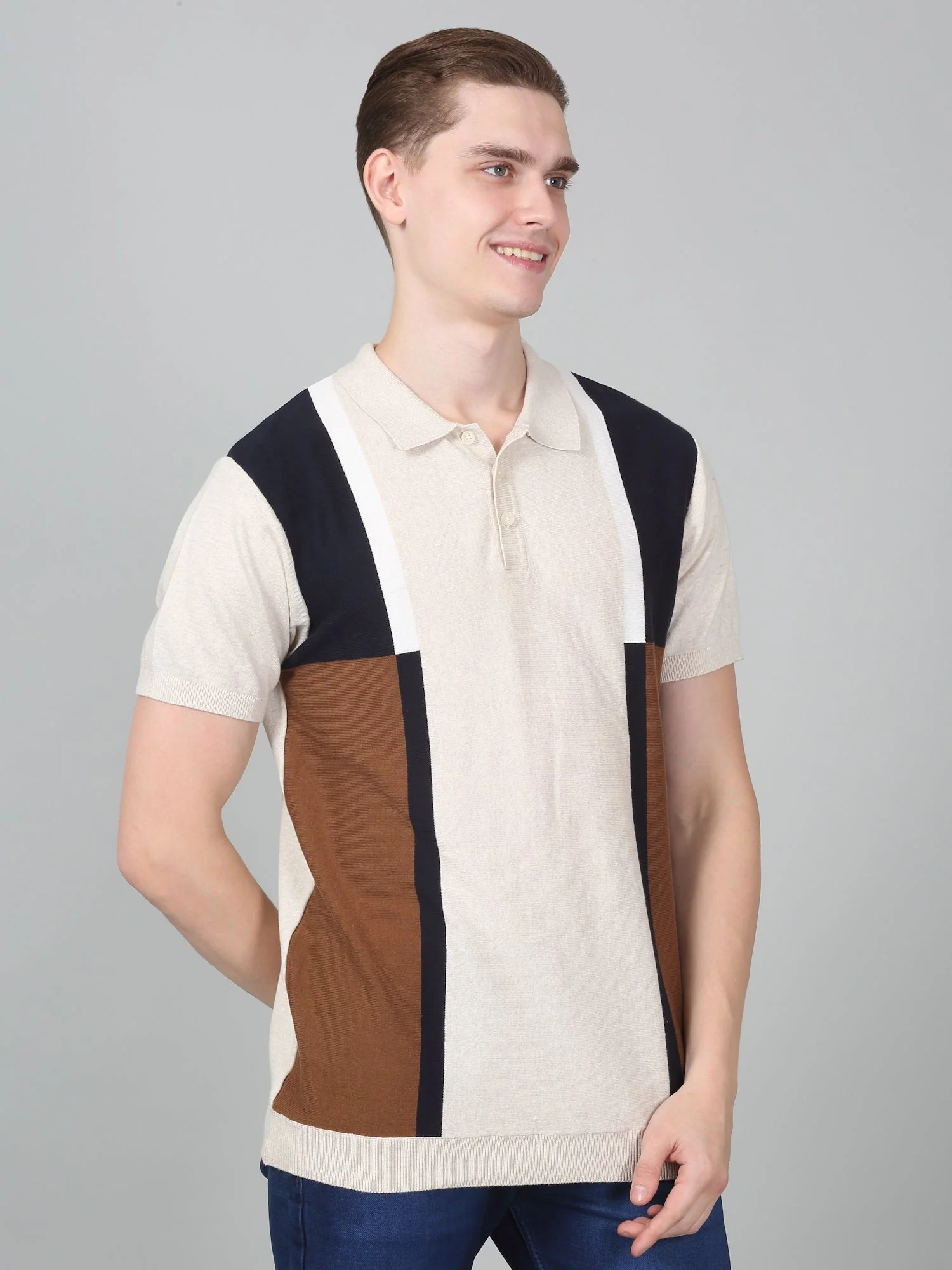 T-Shirt for Men | Breathable & Soft with Color Fastness Regular Fit Polo Neck Cotton Blend Fabric Striped Pattern - Image 3