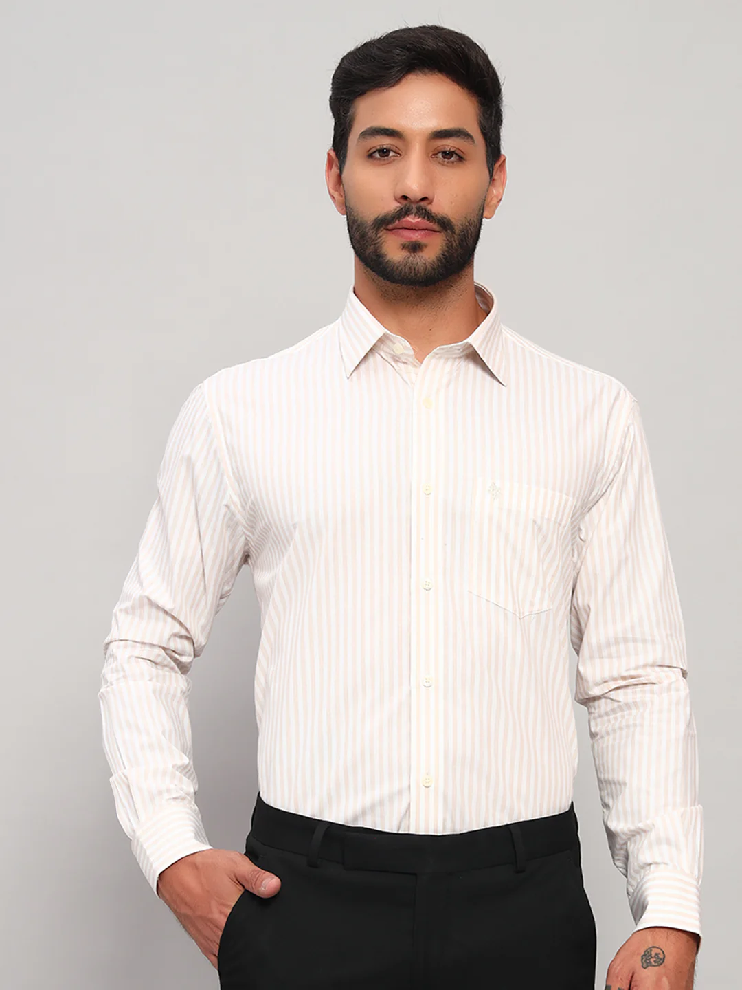Formal Shirt for Men l Breathable & Soft with Color Fastness Regular Fit Spread Collar Neck Cotton Fabric Striped Pattern - Image 3