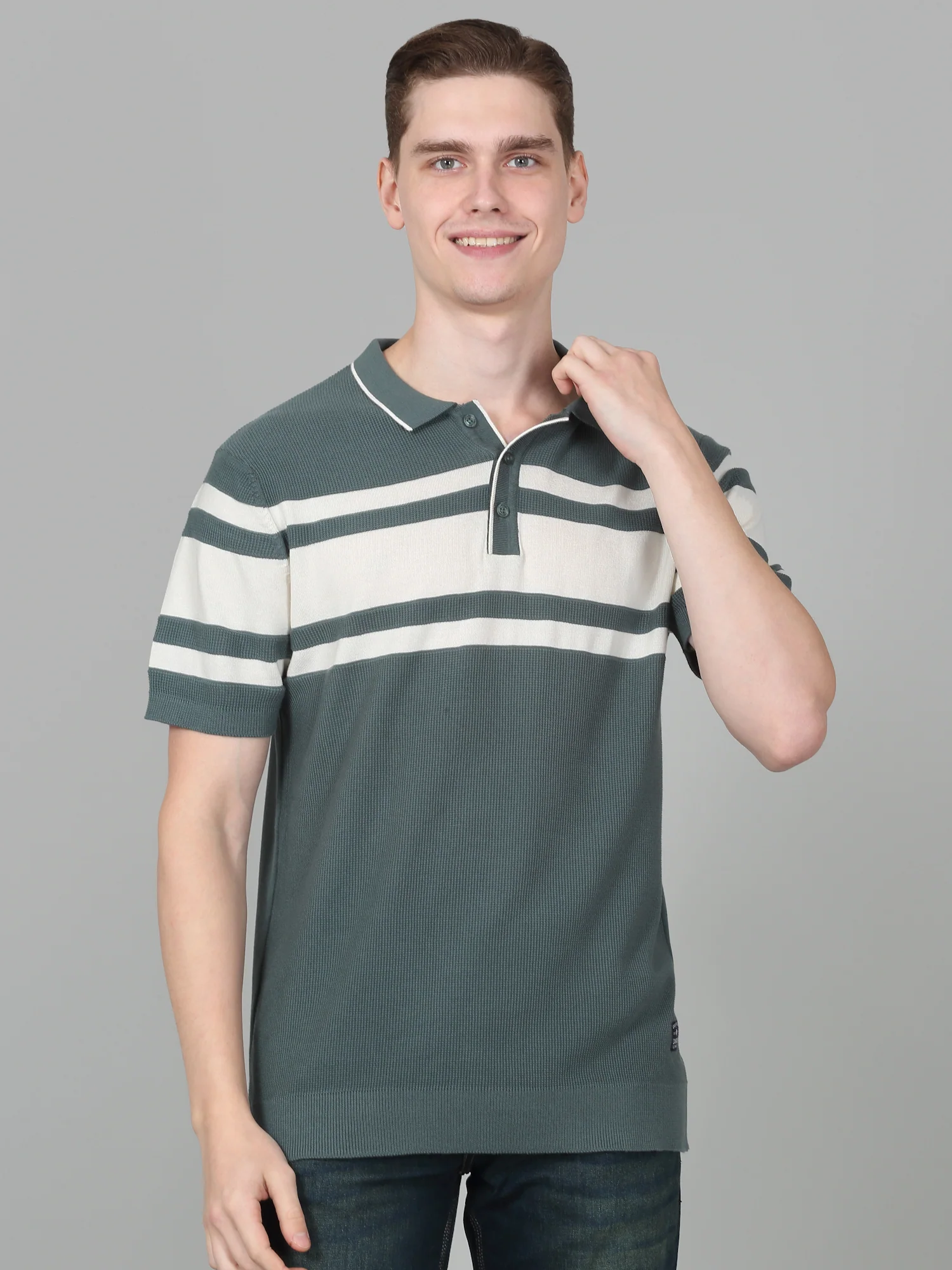T-Shirt for Men | Breathable & Soft with Color Fastness Regular Fit Polo Neck Cotton Blend Fabric Striped Pattern - Image 2