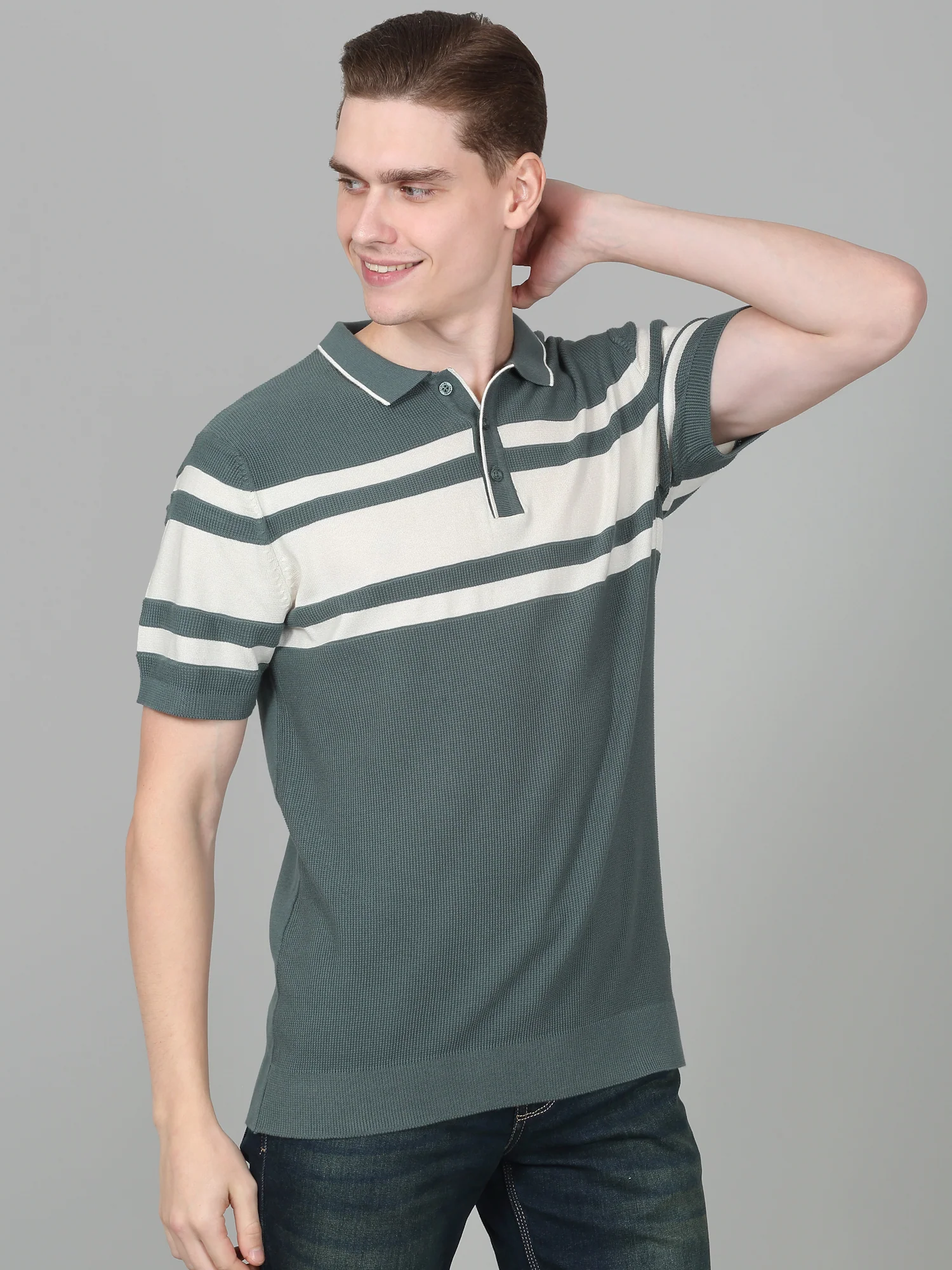 T-Shirt for Men | Breathable & Soft with Color Fastness Regular Fit Polo Neck Cotton Blend Fabric Striped Pattern - Image 4