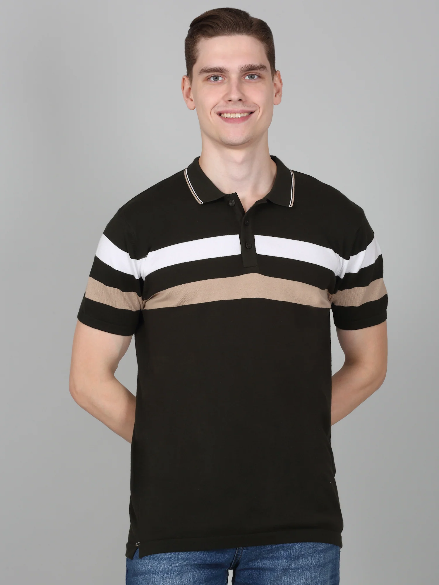T-Shirt for Men | Breathable & Soft with Color Fastness Regular Fit Polo Neck Cotton Blend Fabric Striped Pattern - Image 2