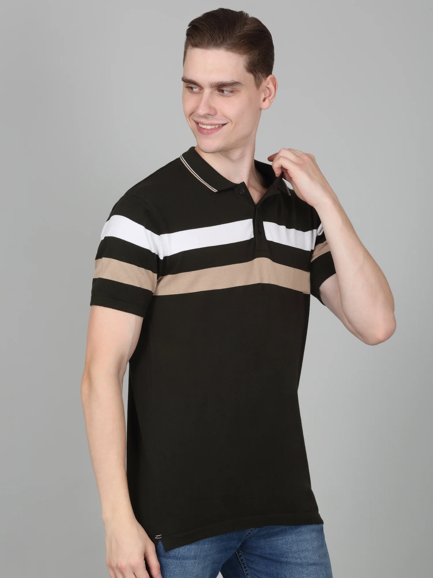 T-Shirt for Men | Breathable & Soft with Color Fastness Regular Fit Polo Neck Cotton Blend Fabric Striped Pattern - Image 4