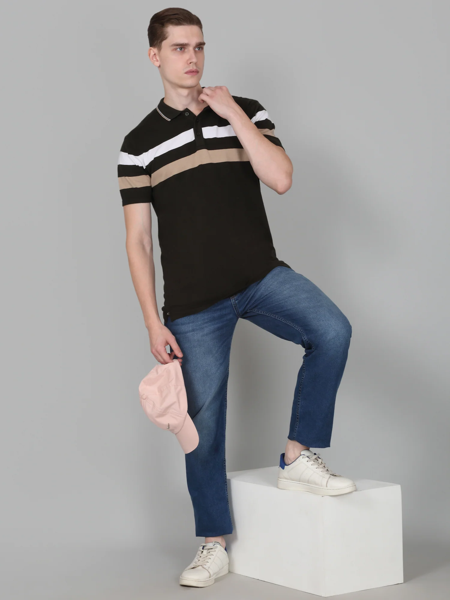 T-Shirt for Men | Breathable & Soft with Color Fastness Regular Fit Polo Neck Cotton Blend Fabric Striped Pattern - Image 7