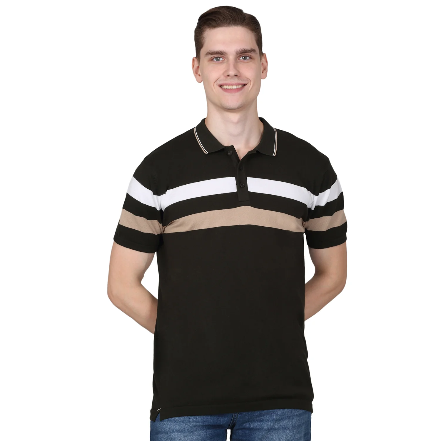T-Shirt for Men | Breathable & Soft with Color Fastness Regular Fit Polo Neck Cotton Blend Fabric Striped Pattern - Image 9