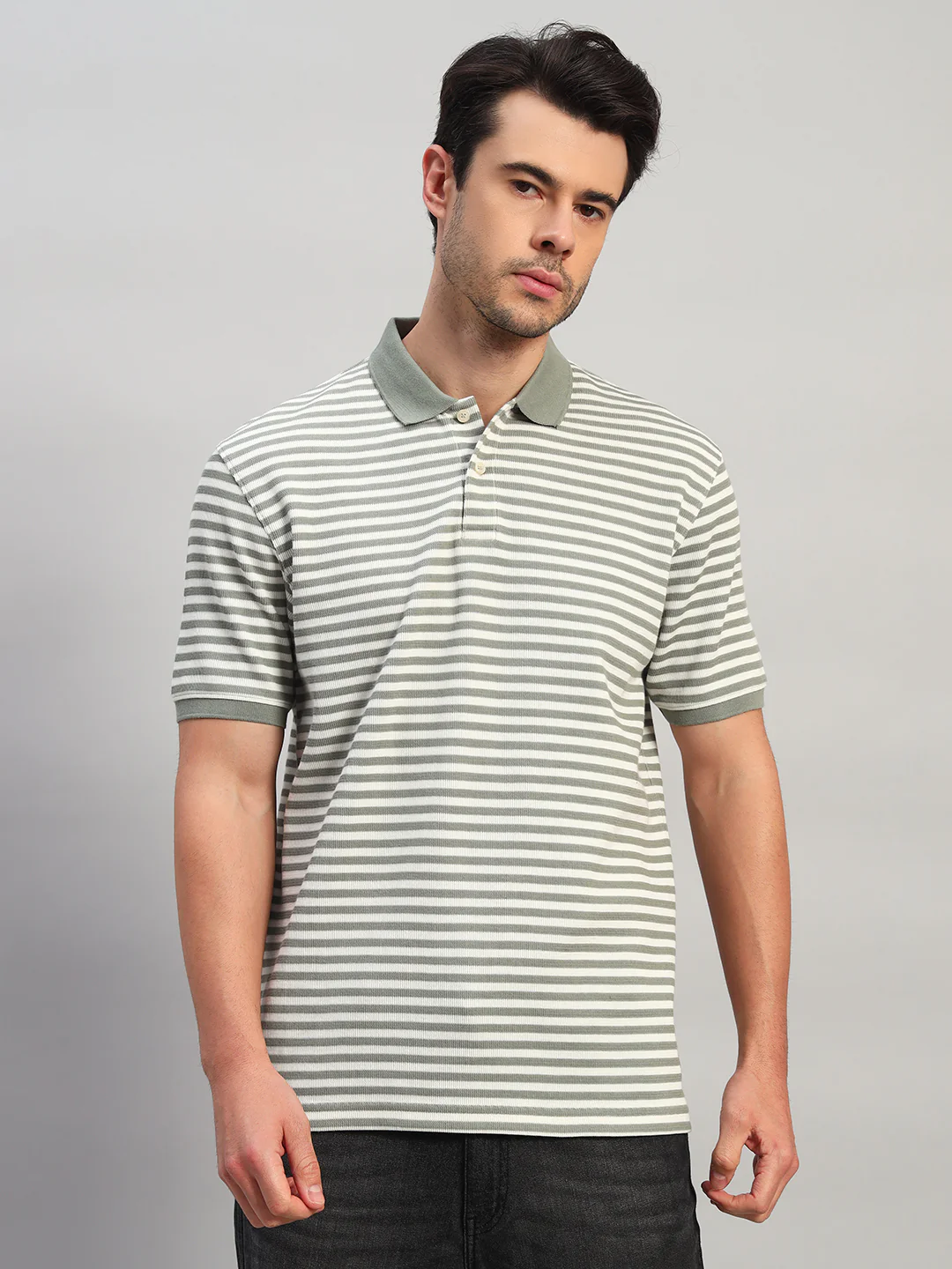 T-Shirt for Men | Breathable & Soft with Color Fastness Regular Fit Polo Neck Poly Cotton Fabric Striped Pattern - Image 2