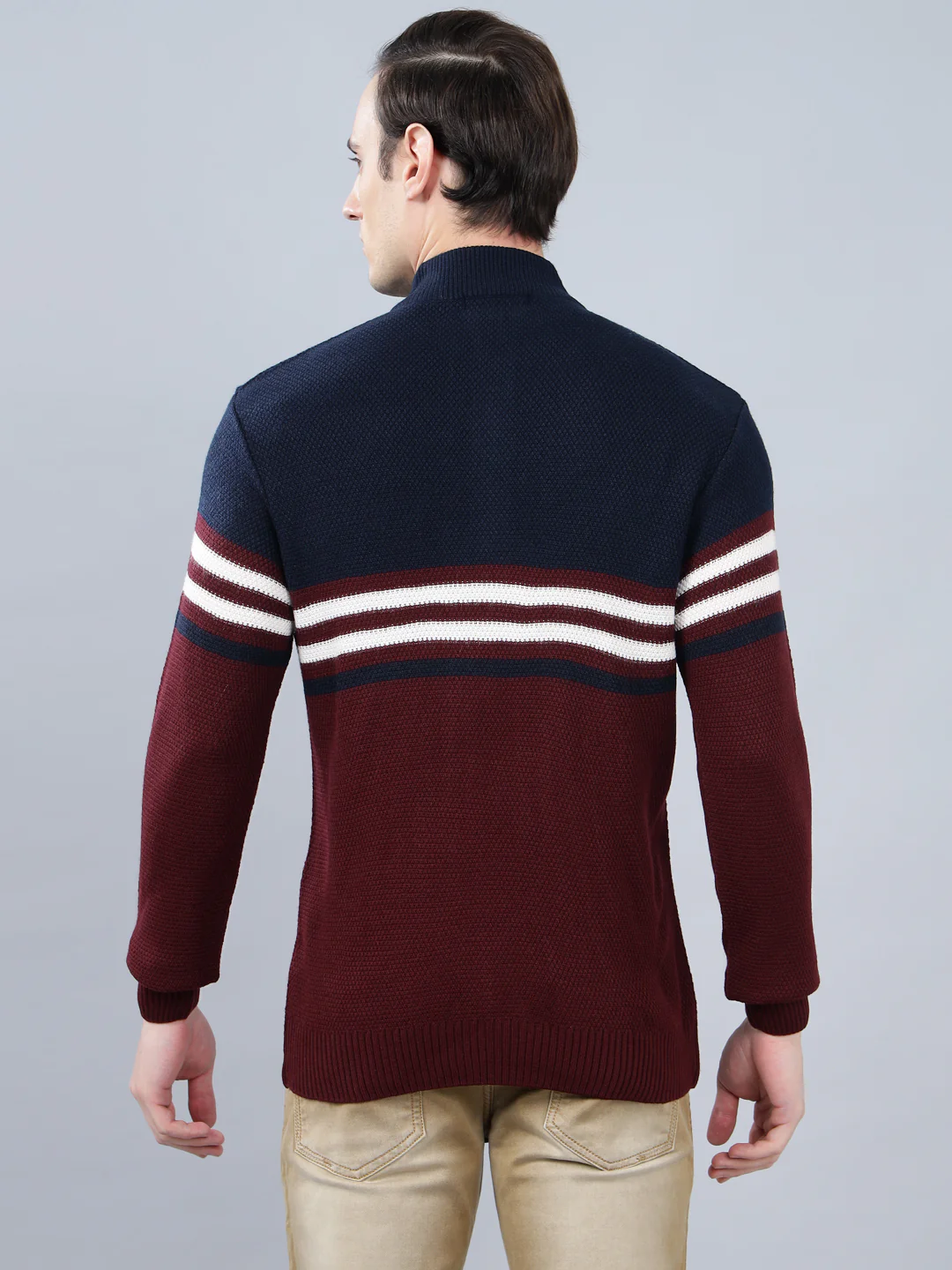 Men's Striped Maroon Full Sleeve Sweater - Image 2