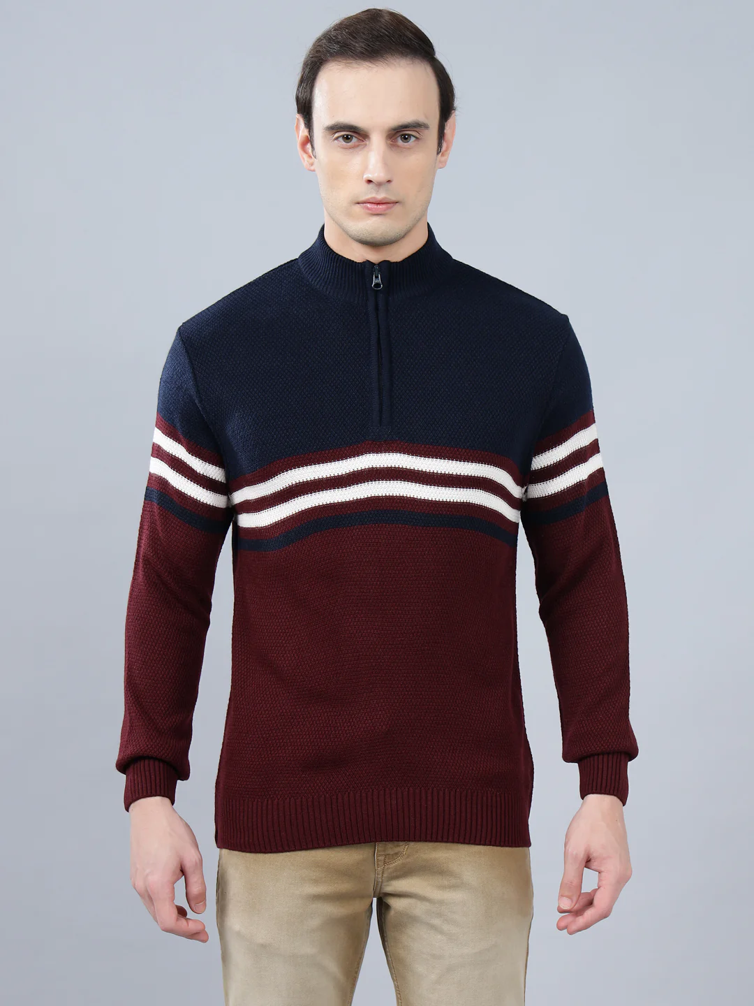 Men's Striped Maroon Full Sleeve Sweater - Image 3