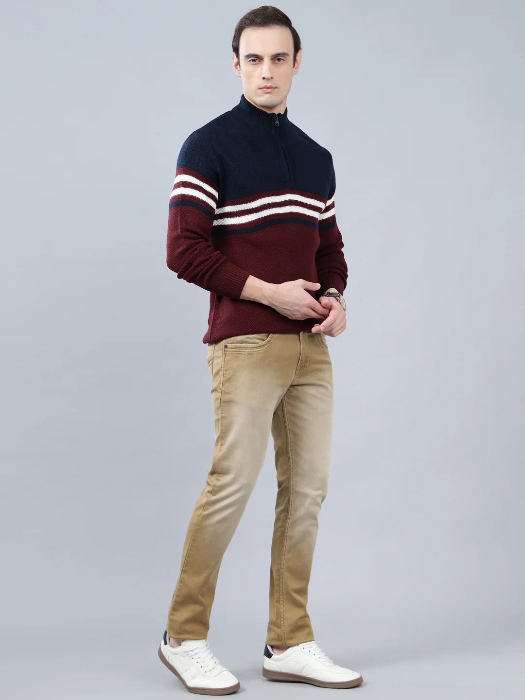 Men's Striped Maroon Full Sleeve Sweater - Image 4