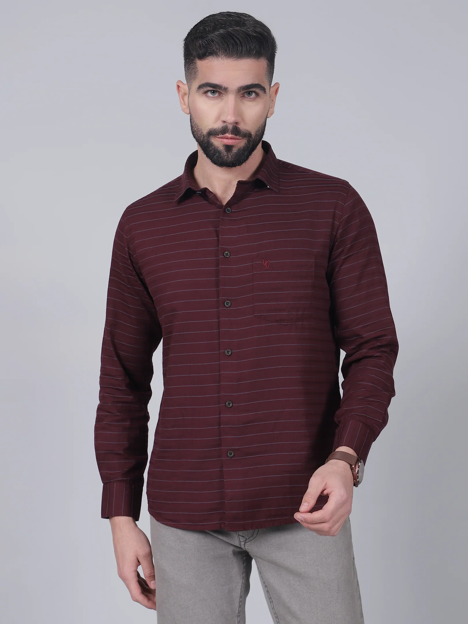 Casual Shirt for Men | Breathable & Soft with Color Fastness Regular Fit Spread Collar Neck Cotton Fabric Striped Pattern - Image 2