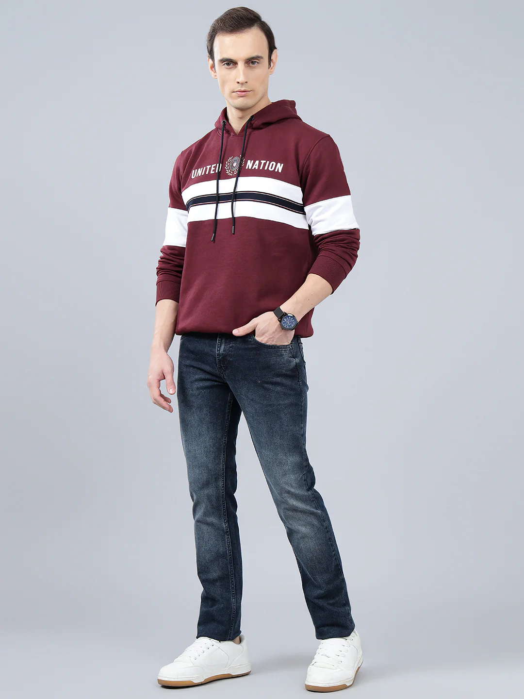 Men's Striped Maroon Hoody Neck Sweatshirt - Image 4