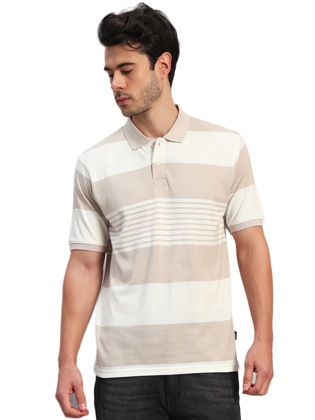 T-Shirt for Men | Breathable & Soft with Color Fastness Regular Fit Polo Neck Poly Cotton Fabric Striped Pattern - Image 2