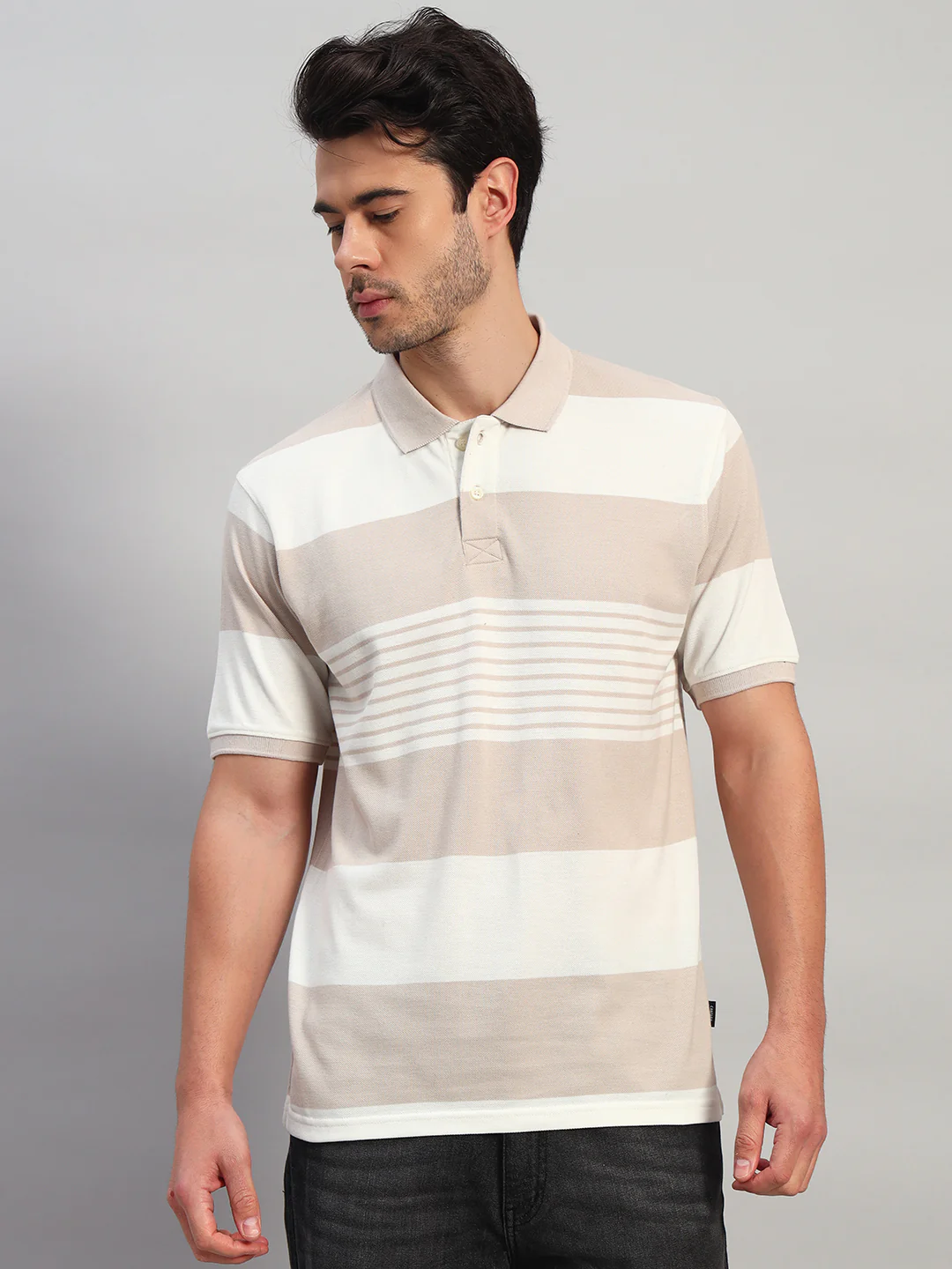 T-Shirt for Men | Breathable & Soft with Color Fastness Regular Fit Polo Neck Poly Cotton Fabric Striped Pattern - Image 3