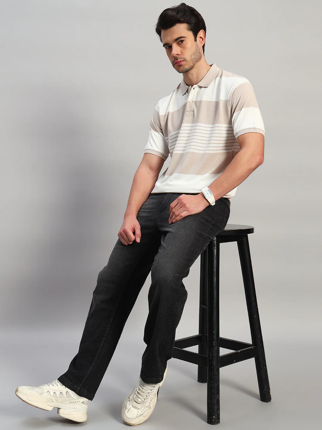 T-Shirt for Men | Breathable & Soft with Color Fastness Regular Fit Polo Neck Poly Cotton Fabric Striped Pattern - Image 7