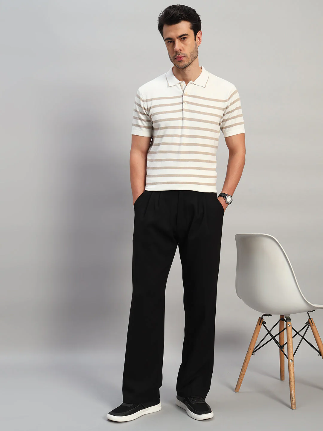 T-Shirt for Men | Breathable & Soft with Color Fastness Regular Fit Polo Neck Cotton Blend Fabric Striped Pattern - Image 2