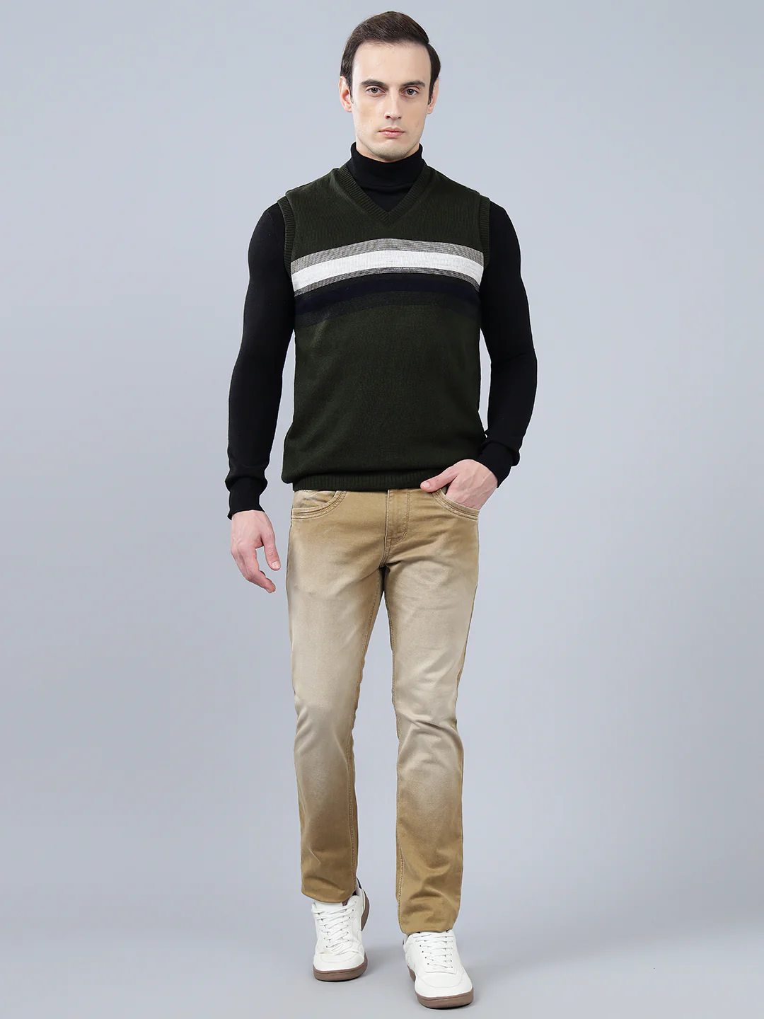 Men's Striped Olive Green Sleeveless Reversible Sweater - Image 2
