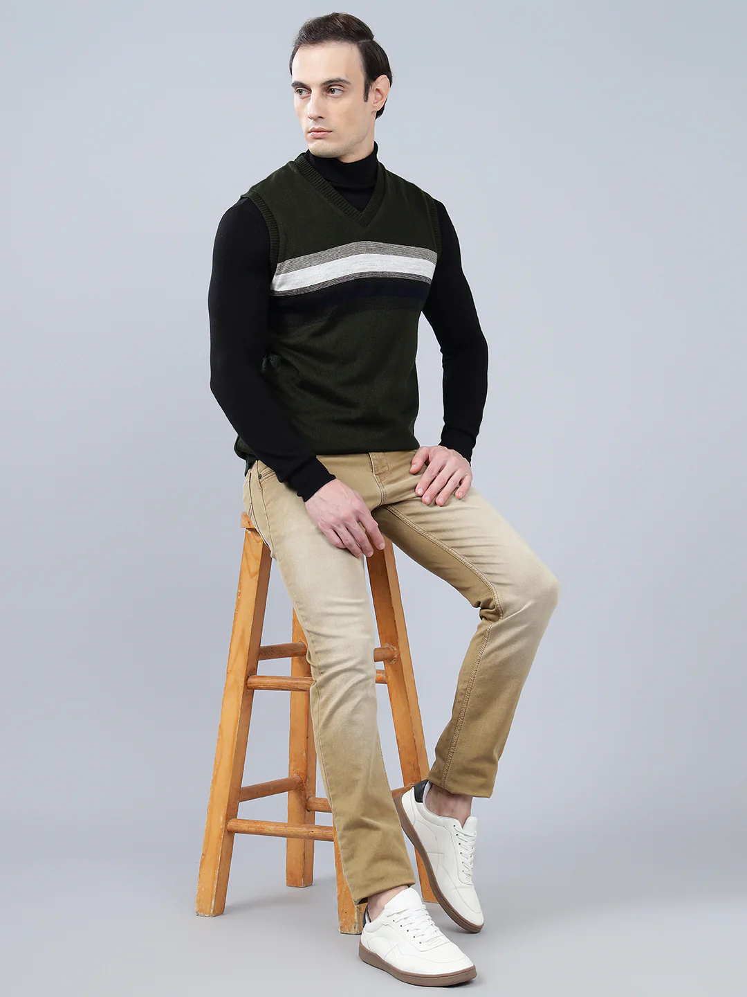 Men's Striped Olive Green Sleeveless Reversible Sweater - Image 3