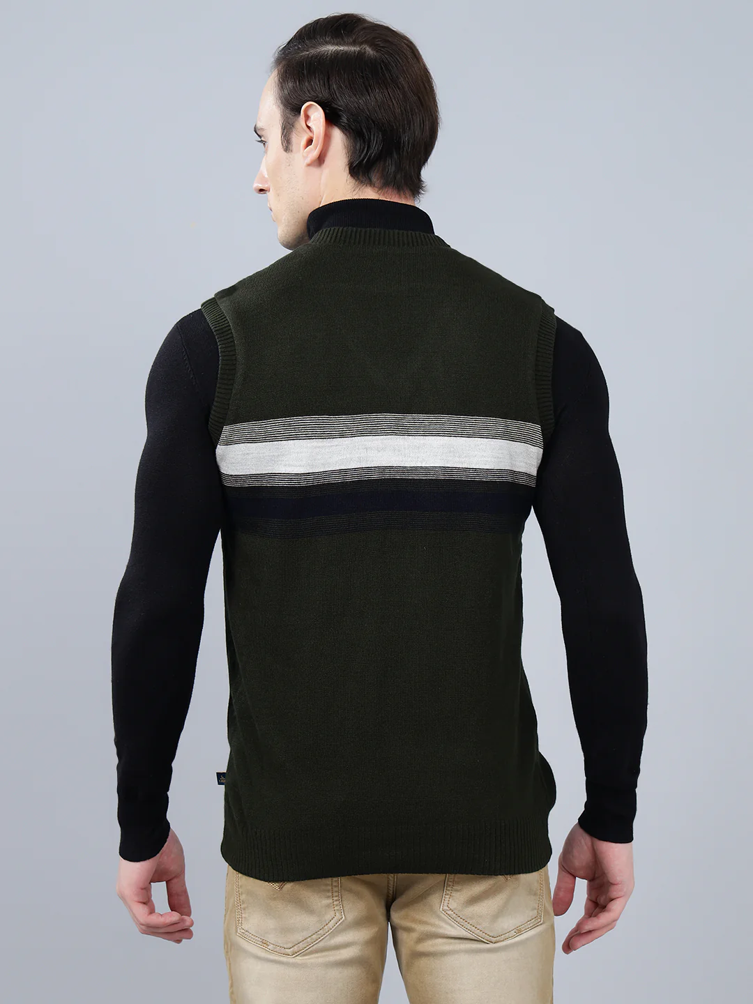 Men's Striped Olive Green Sleeveless Reversible Sweater - Image 4