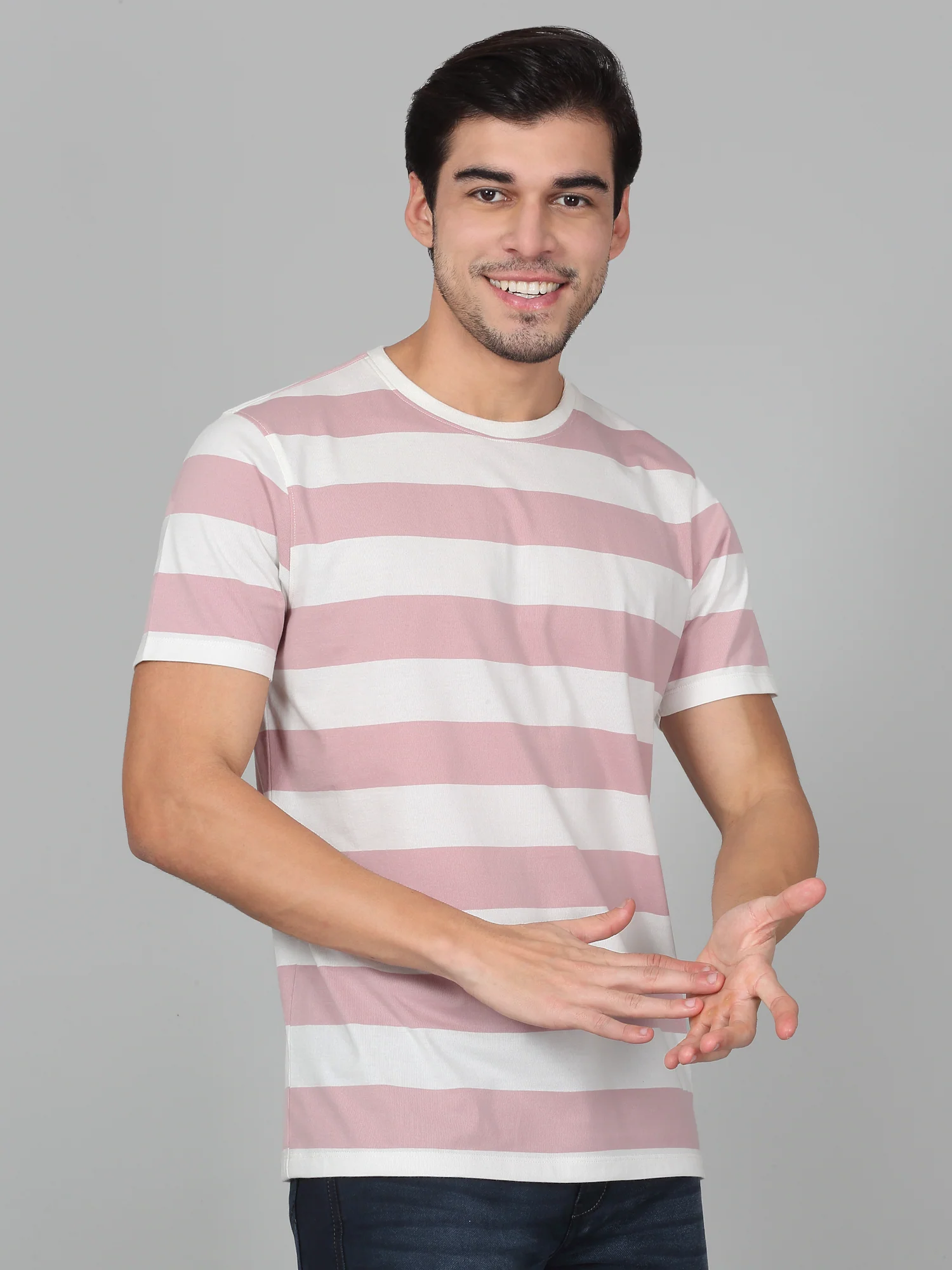 T-Shirt for Men | Breathable & Soft with Color Fastness Regular Fit Round Neck Poly Cotton Fabric Striped Pattern - Image 4