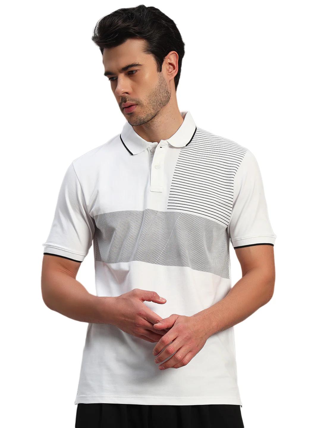 T-Shirt for Men | Breathable & Soft with Color Fastness Regular Fit Polo Neck Cotton Blend Fabric Striped Pattern - Image 3