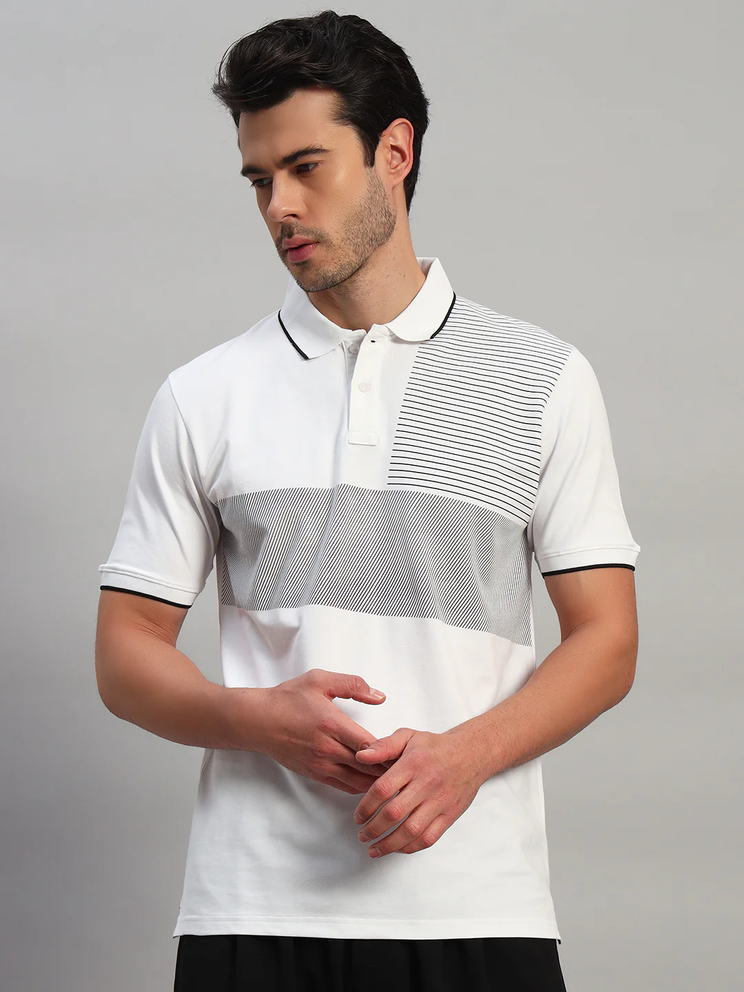 T-Shirt for Men | Breathable & Soft with Color Fastness Regular Fit Polo Neck Cotton Blend Fabric Striped Pattern - Image 4