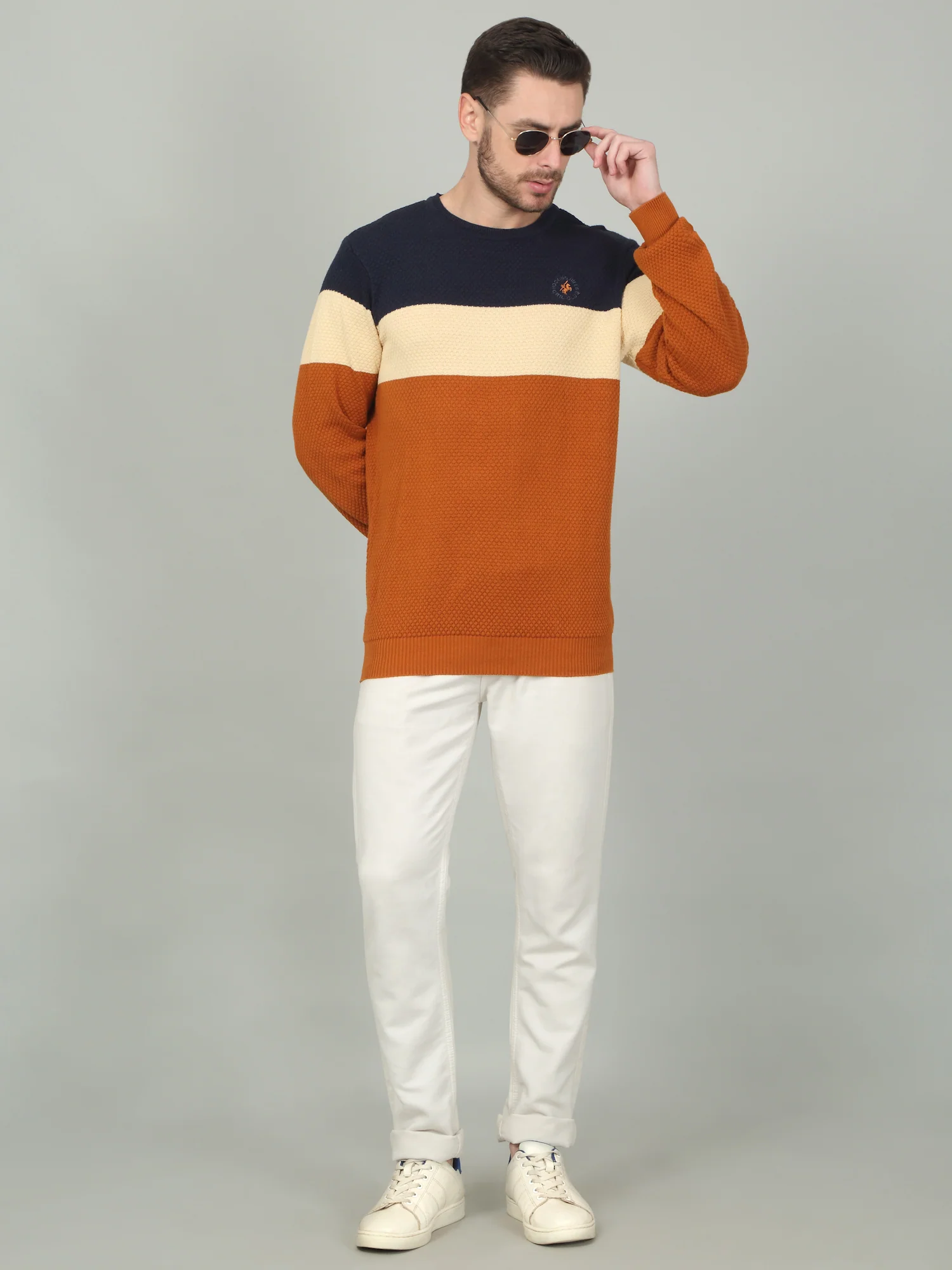 Men's Tan Self Design Full Sleeve Sweater - Image 2