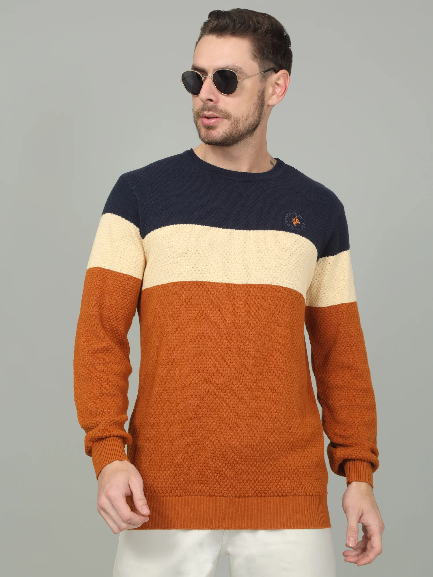 Men's Tan Self Design Full Sleeve Sweater - Image 3