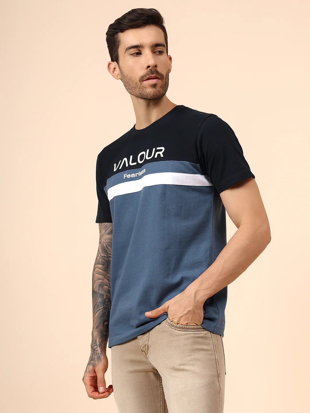 T-Shirt for Men | Breathable & Soft with Color Fastness Regular Fit Round Neck Poly Cotton Fabric Colour Block Pattern - Image 3